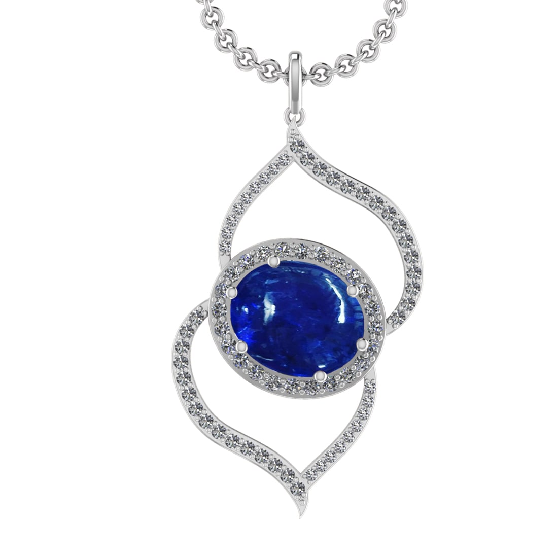 21.73 Ctw VS/SI1 Tanzanite and Diamond 14K White Gold Pendant: Center Stone Weight : 19.06 Ctw ( Oval Cab) Center Stone Color :-Tanzanite Setting : Prong Side Weight Of Ctw 2.67 Ctw Color : J-K Clarity :VS/SI1 Stone Setting : Prong Metal Weight : Approx 11.80 gra