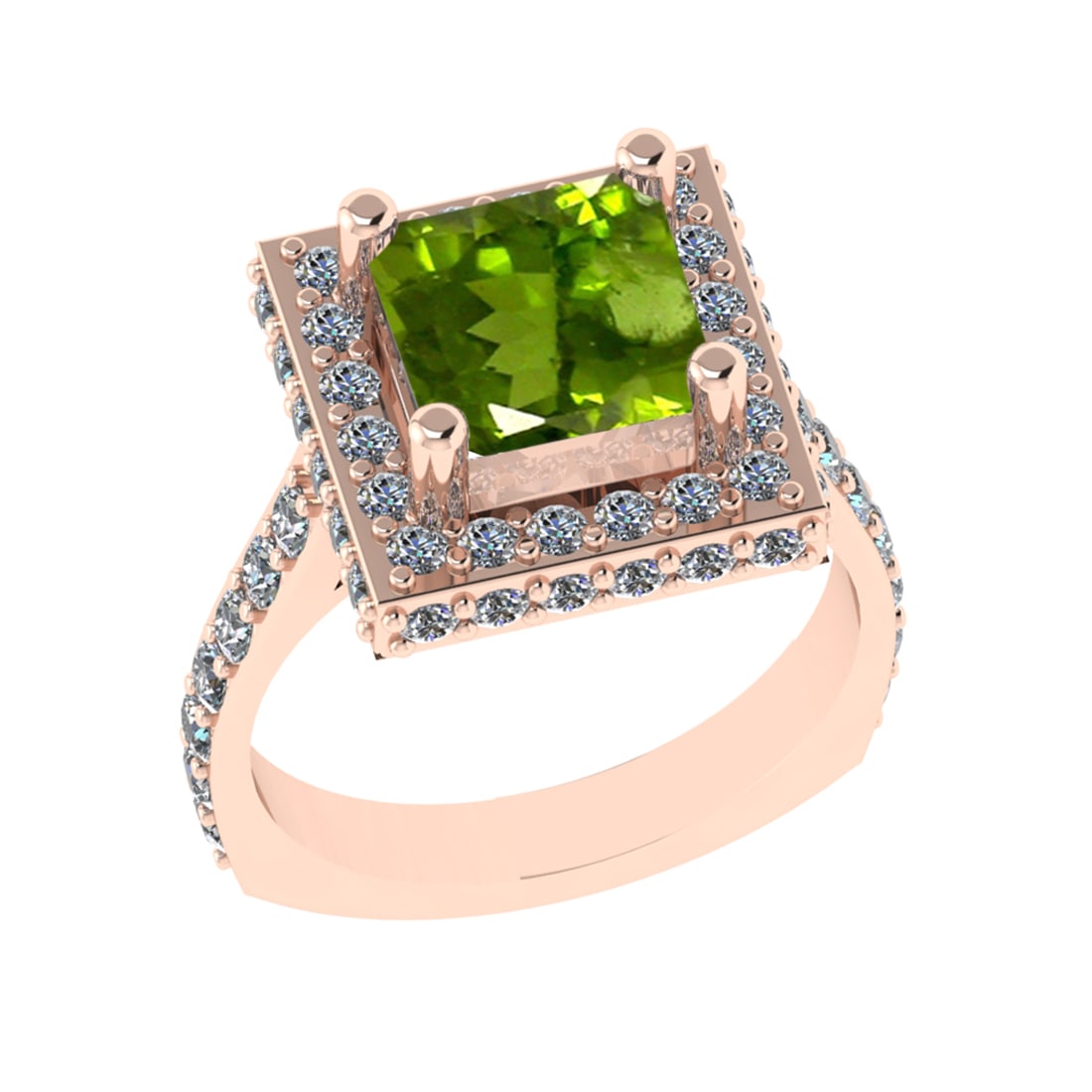 3.21 Ctw VS/SI1 Peridot And Diamond 14K Rose Gold Engagement Ring( ALL DIAM: Center Stone Weight : 1.80 Ctw ( Princess Cut ) Center Stone Color : Peridot Stone Setting : Prong Side Diamond Weight Of Ctw 1.41 Ctw Side Stone Color : J-K Stone Clarity : VS/SI1 Stone Setting :