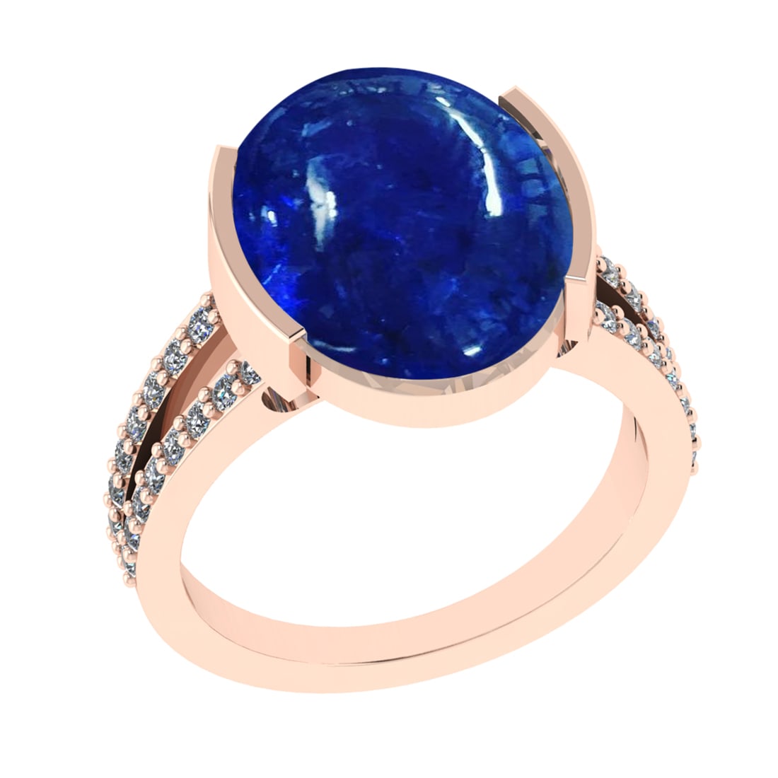 16.82 Ctw VS/SI1 Tanzanite and Diamond Prong Set 14K Rose Gold Engagement R: Color Stone Weight : 16.34 Ctw (Oval Cab) Stone Color :- Tanzanite Center Stone Setting : Prong Side Weight Of Ctw 0.48 Ctw Color : J-K Clarity : VS/SI1 Stone Setting : Prong Metal Weight : Approx 6.9