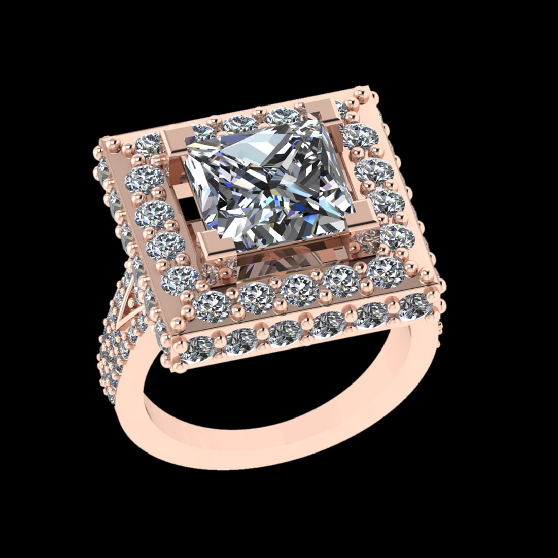 3.85 Ctw VS/SI1 Diamond Style 14 K Rose Gold Engagement Ring (ALL DIAMOND A: Center Diamond Weight : 2.00 Ctw ( Princess Cut ) Center Diamond Color :- G-H Center Clarity : VS/SI1 Stone Setting : Prong Side Diamond Weight Of Ctw 1.85 Ctw Side Stone Color : G-H Stone Clarity :
