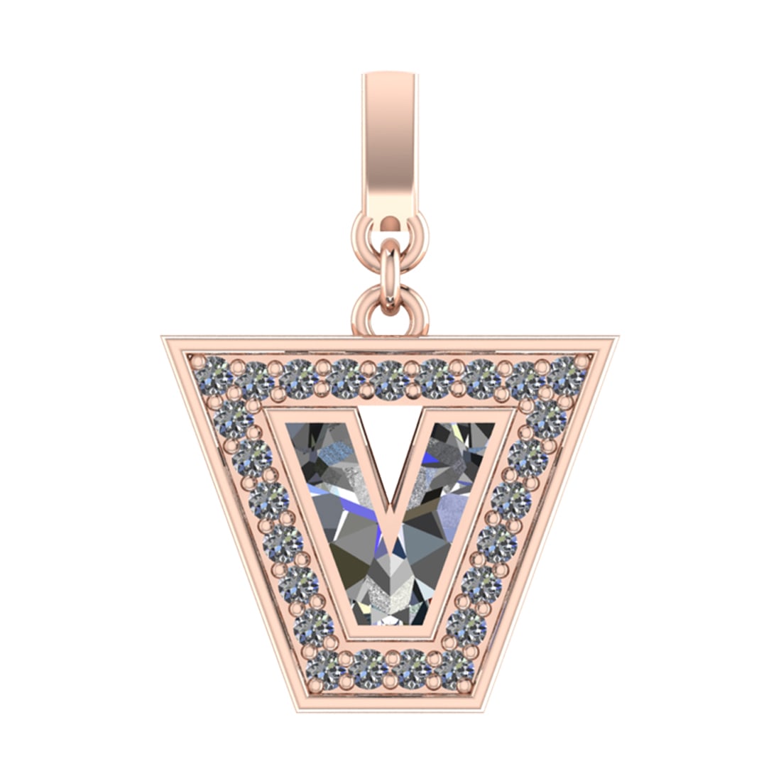0.95 Ctw SI2/SI1 Diamond Prong Set 14k Rose Gold Alphabet-V Pendant (ALL DI: Center Daimond Weight :-0.75 Ctw Color : White Side Diamond Weight Of Ctw 0.20 Ctw Color : G-H Clarity : SI2/SI1 Daimond Setting : Prong Metal Weight : Approx 3.53 gram 14k Rose Gold Alphabet-V Pendan