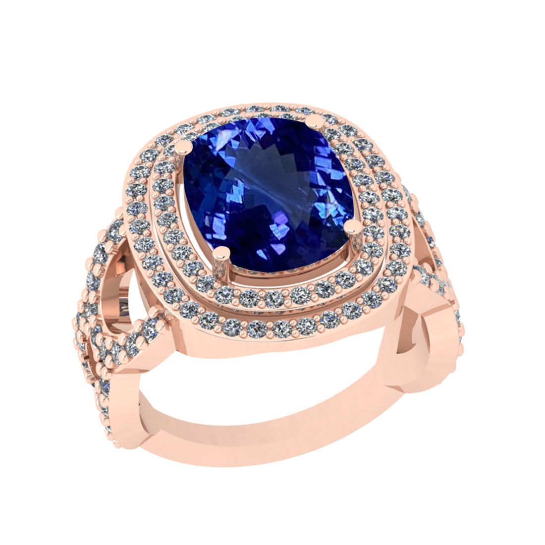 5.90 Ctw VS/SI1 Tanzanite And Diamond 18k Rose Gold Cocktail Ring: Center Stone Weight : 4.82 Ctw (Cushion Cut ) Center Stone Color : Tanzanite Stone Setting : Prong Side Stone Weight Of Ctw 1.08 Ctw Side Stone Color : J-K Stone Clarity : VS/SI1 Stone Setting : Prong