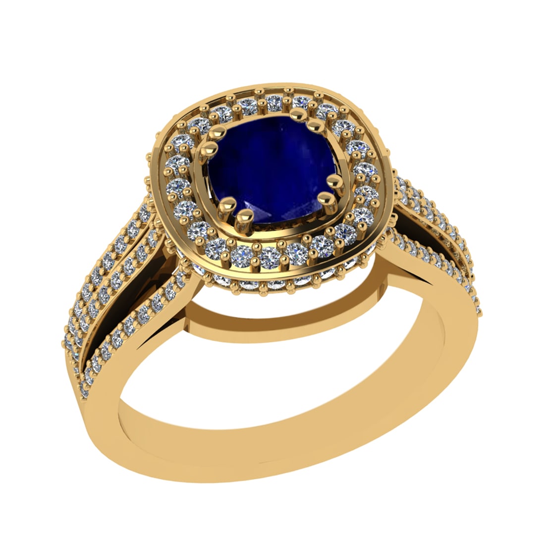 1.81 Ctw VS/SI1 Blue Sapphire and Diamond 14k Yellow Gold Engagement Halo R: Center Stone Weight :- 1.00 Ctw ( Cushion Cut) Color :- Blue Sapphire Center Stone Setting : Prong Side Diamond Weight Of Ctw 0.81 Ctw Color : G-H Clarity : VS/SI1 Stone Setting : Prong Metal Weight :