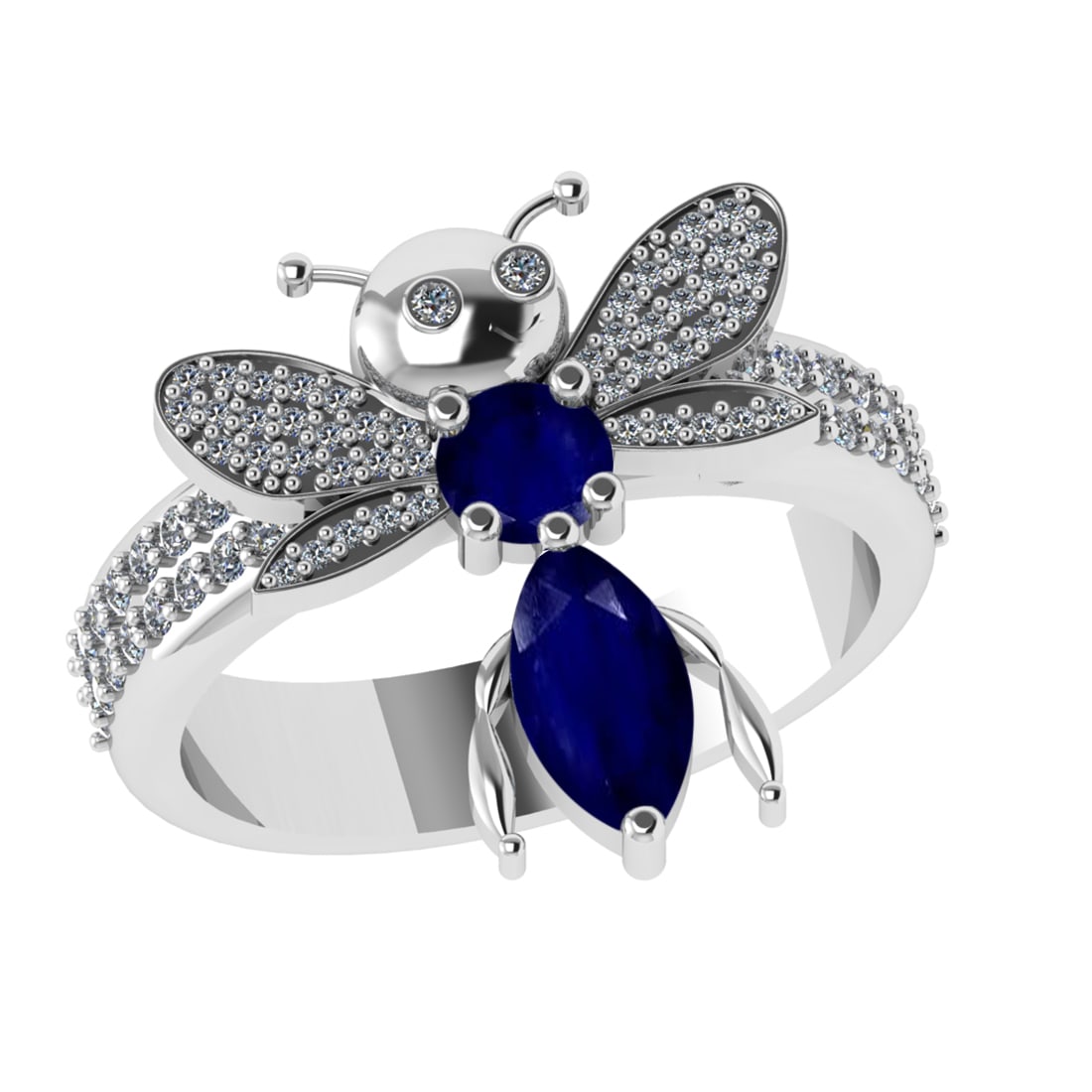 1.31 Ctw VS/SI1 Blue Sapphire and Diamond 14k white Gold Bees theme Ring (A: Center Stone Weight :-0.75 Ctw ( Marquise & Round Cut) Center Stone Color :-Blue Sapphire Center Stone Setting : Prong Side Diamond Weight Of Ctw :- 0.38 Ctw Color : J-K Clarity : VS/SI1 Daimond Setti