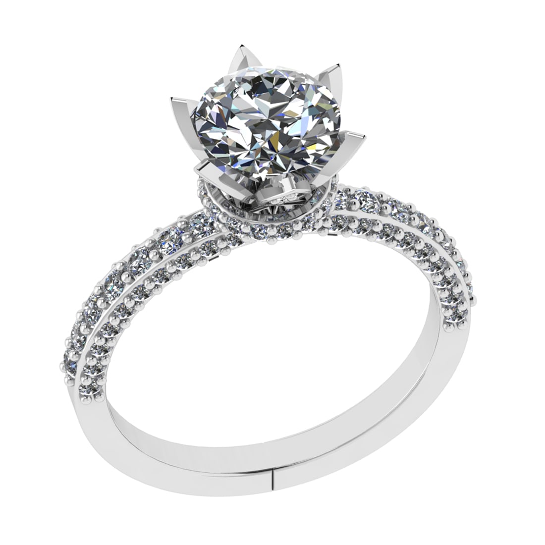2.17 Ctw VS/SI1 Diamond Prong Set 14k white Gold Engagement Ring: Center Daimond Weight :-1.30 Ctw ( Round Cut) Color : G-H Clarity : VS/SI1 Side Diamond Weight Of Ctw 0.87 Ctw Color : G-H Clarity : VS/SI1 Daimond Setting : Prong Metal Weight : Approx 3.86 gram 14k