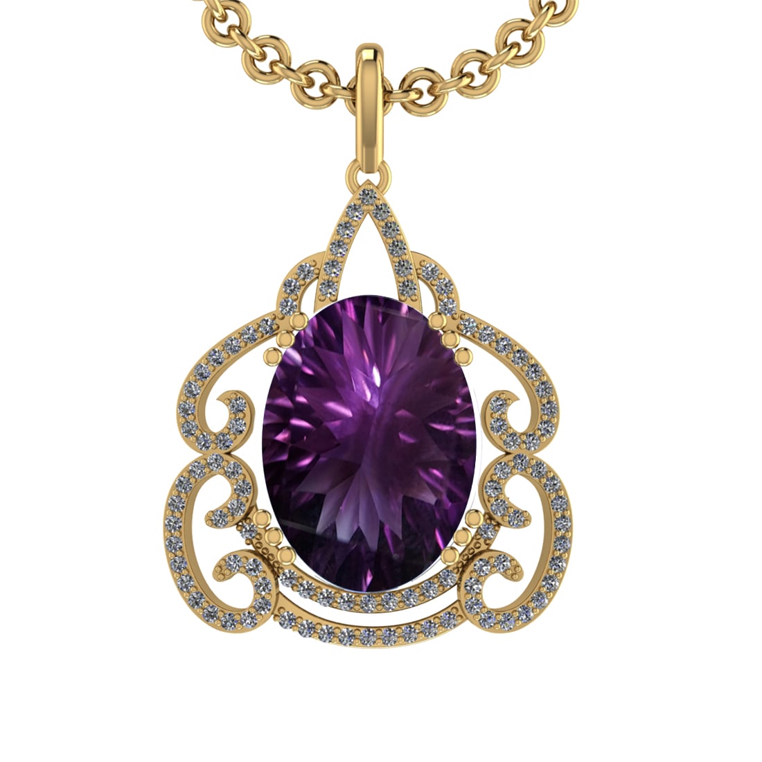 21.77 Ctw VS/SI1 Amethyst and Diamond 14K Yellow Gold Pendant: Center Stone Weight : 20.97 Ctw ( Oval Cut) Center Stone Color :-Amethyst Setting : Prong Side Weight Of Ctw 0.80 Ctw Color : J-K Clarity : VS/SI1 Stone Setting : Prong Metal Weight : Approx 6.80 gram