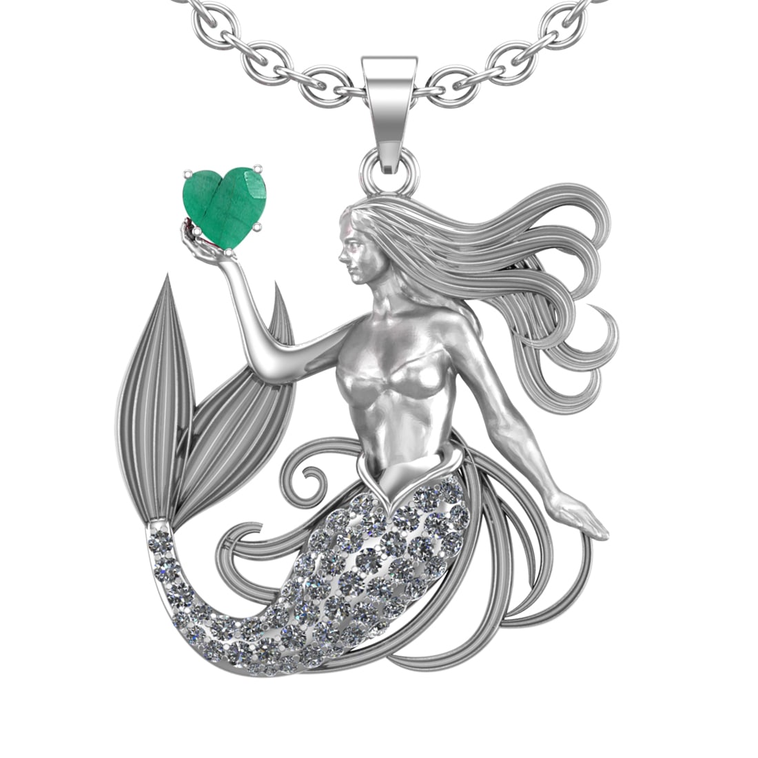 5.01 Ctw VS/SI1 Emerald and Diamond 14k white Gold Pandant (ALL DIAMOND ARE: Center Stone Weight :-2.00 Ctw ( Heart Cut) Center Stone Color :-Emerald Center Stone Setting : Prong Side Diamond Weight Of Ctw :- 3.01 Ctw Color : G-H Clarity : VS/SI1 Daimond Setting : Prong Metal