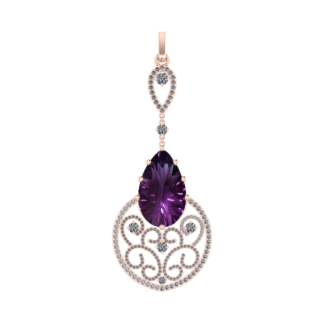 99.08 Ctw SI2/SI1 Amethyst and Diamond Prong Set 14k Rose Gold Pendant (ALL: Center Stone Weight :-91.11 Ctw ( Pear Cut) Center Stone Color :-Amethyst Center Stone Setting : Prong Side Diamond Weight Of Ctw 7.97 Ctw Color : F-G Clarity : SI2/SI1 Stone Setting : Prong Metal Wei