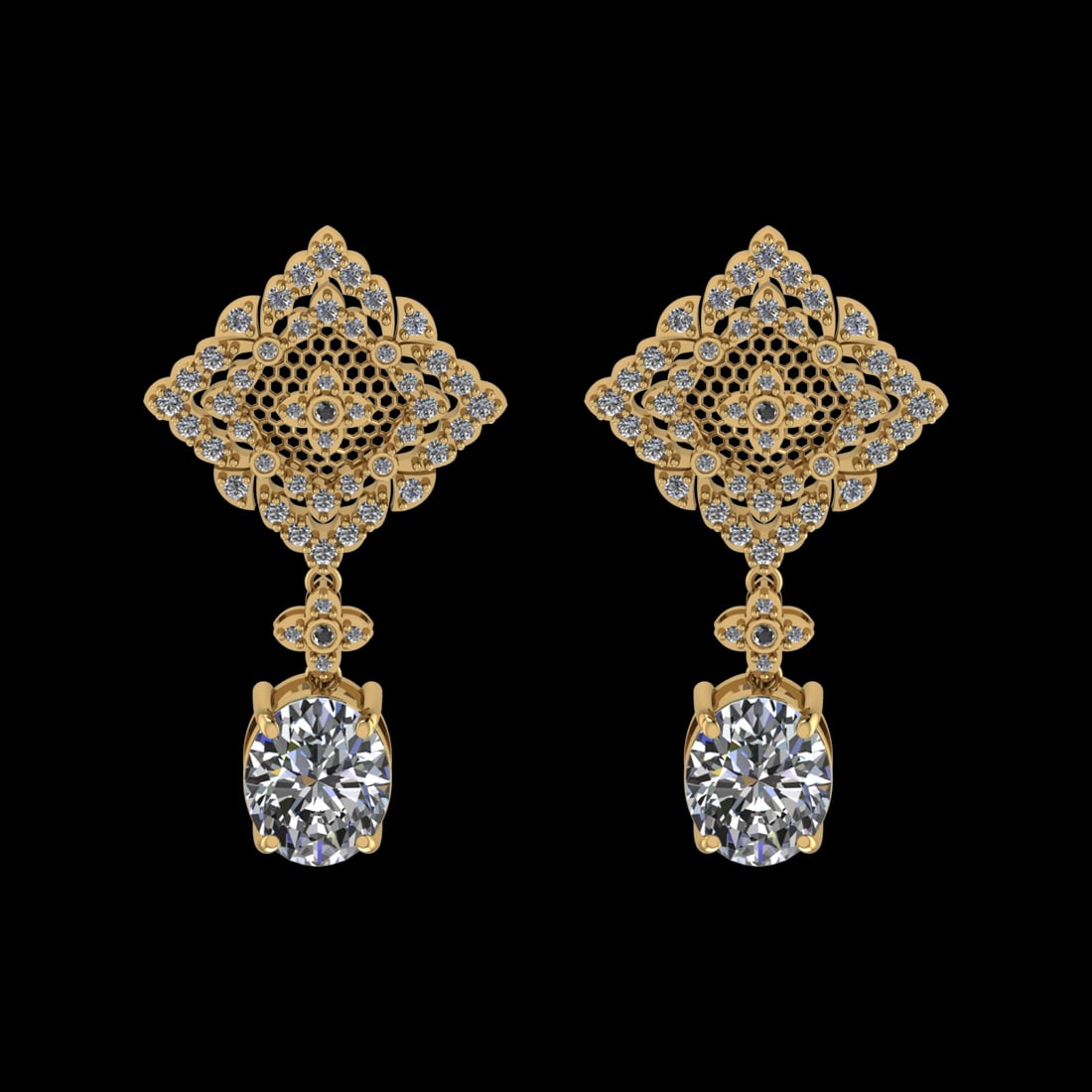12.19 Ctw VS/SI1 Diamond Prong Set 18k Yellow Gold Dangle Stud Earrings (AL: Center Daimond Weight :-10.10 Ctw ( Oval Cut) Color : G-H Clarity : VS/SI1 Side Diamond Weight Of Ctw 2.09 Ctw Color : G-H Clarity : VS/SI1 Daimond Setting : Prong Metal Weight : Approx 16.40 gram 18k