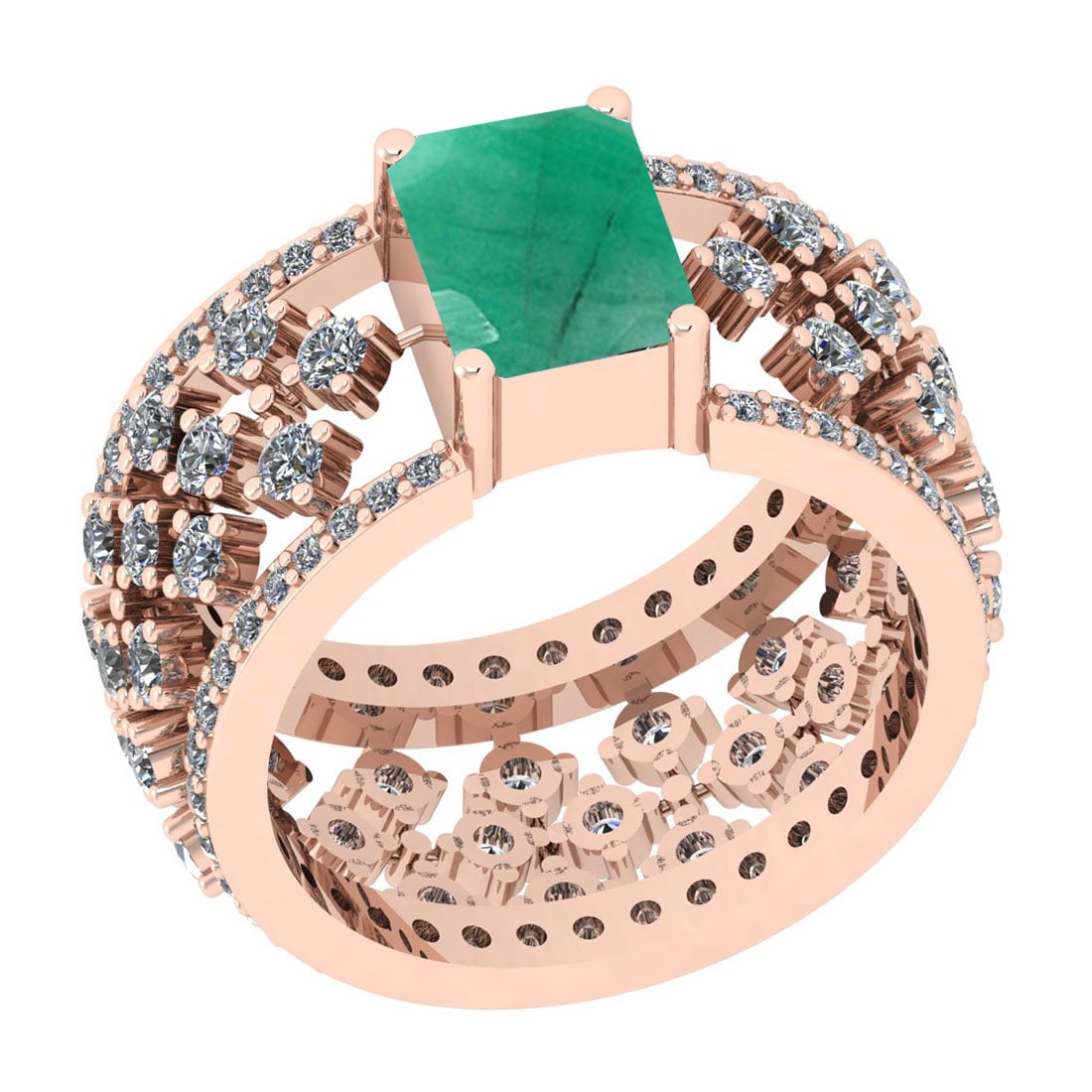 1.22 Ctw VS/SI1 Emerald And Diamond 14K Rose Gold Engagement Halo Ring: Center Stone Weight : 0.50 Ctw (Emerald Cut) Center Stone Color : Emerald Stone Setting : Prong Side Stone Weight Of Ctw 0.72 Ctw Side Stone Color : J-K Stone Clarity : VS/SI1 Stone Setting : Prong Me