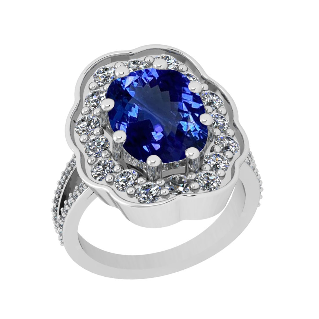 6.17 Ctw VS/SI1 Tanzanite And Diamond 18k White Gold Cocktail Ring: Center Stone Weight : 4.74 Ctw (Cushion Cut ) Center Stone Color : Tanzanite Stone Setting : Prong Side Stone Weight Of Ctw 1.43 Ctw Side Stone Color : J-K Stone Clarity : VS/SI1 Stone Setting : Prong