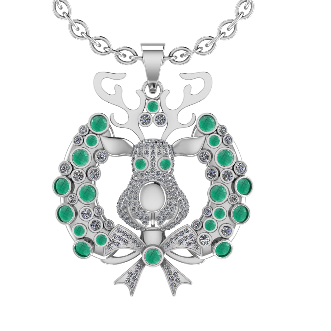 3.02Ctw VS/SI1 Emerald and Diamond 14K White Gold Necklace(ALL DIAMOND ARE: Center Stone Weight 1.79Ctw (Round cut) Color :- Emerald Center Stone Setting : Prong Side Diamond Weight Of Ctw1.23Ctw Color : J-K Clarity : VS/SI1 Stone Setting : Prong Metal Weight : Approx32.10gra