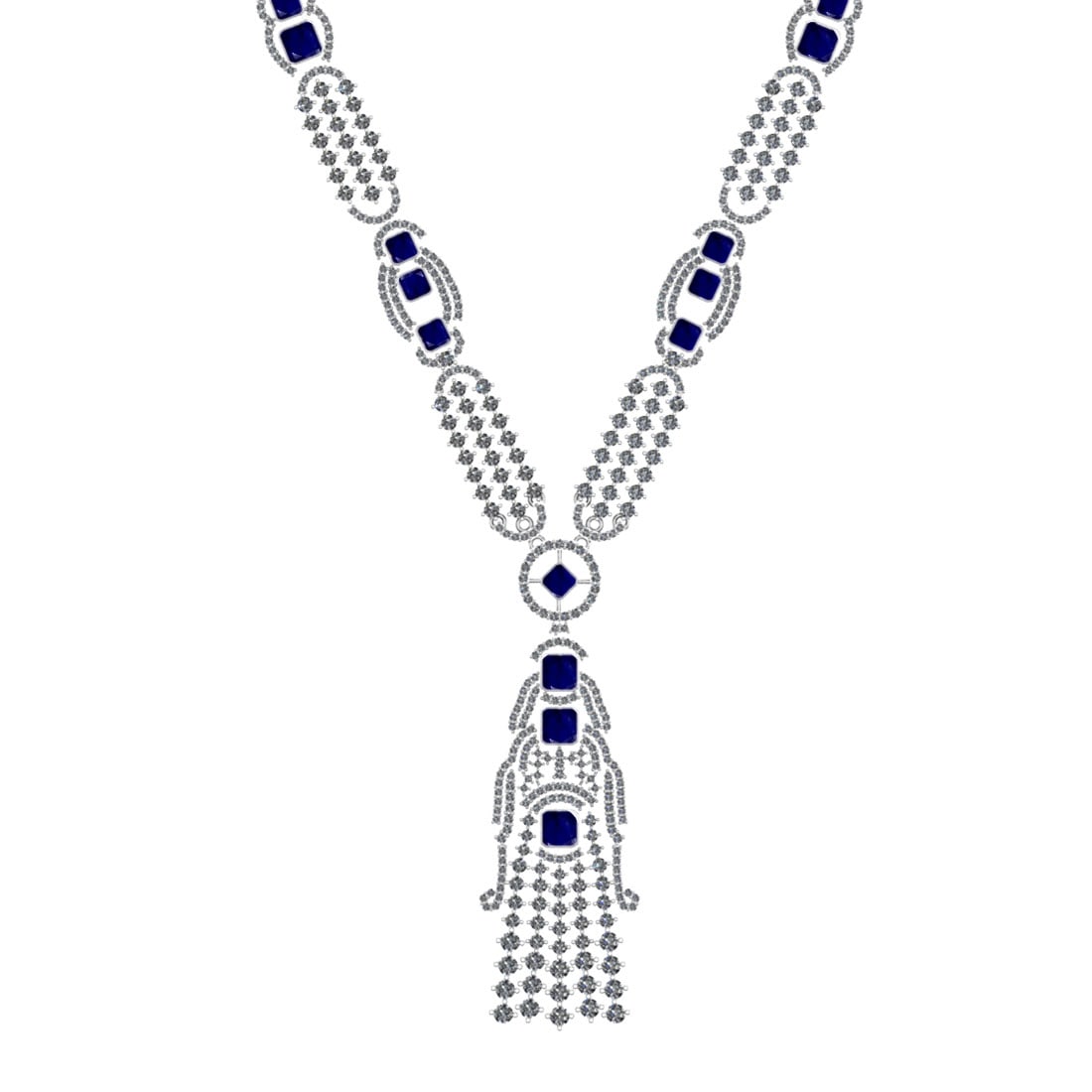 10.25 Ctw VS/SI1 Blue Sapphire and Diamond 14k White Gold Necklace ALL DIAM: Center Stone Weight :- 3.57 Ctw ( Square Cut) Color :- Blue Sapphire Center Stone Setting : Prong Side Diamond Weight Of Ctw 6.68 Ctw Color : G-H Clarity : VS/SI1 Stone Setting : Prong Metal Weight :