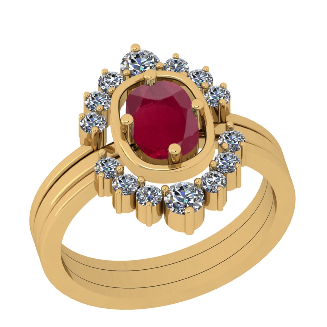 1.40 Ctw VS/SI1 Ruby And Diamond 14K Yellow Gold Anniversary Ring: Center Stone Weight : 0.80 Ctw (Cushion Cut) Center Stone Color : Ruby Stone Setting : Prong Side Stone Weight Of Ctw 0.60 Ctw Side Stone Color : J-K Stone Clarity : VS/SI1 Stone Setting : Prong Metal