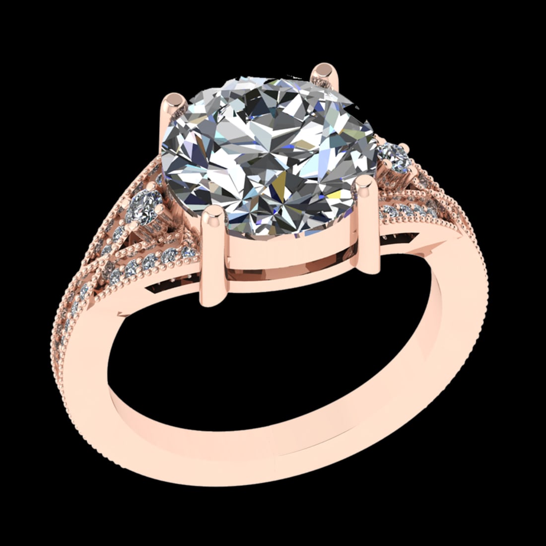 4.26 Ctw VS/SI1 Diamond 10k Rose Gold Engagement Ring (ALL DIAMOND ARE LAB: Center Daimond Weight :-3.87 Ctw ( Round Cut) Color : J-K Clarity : VS/SI1 Side Diamond Weight Of Ctw 0.39 Ctw Color : J-K Clarity : VS/SI1 Daimond Setting : Prong Metal Weight : Approx 5.48 gram 10k