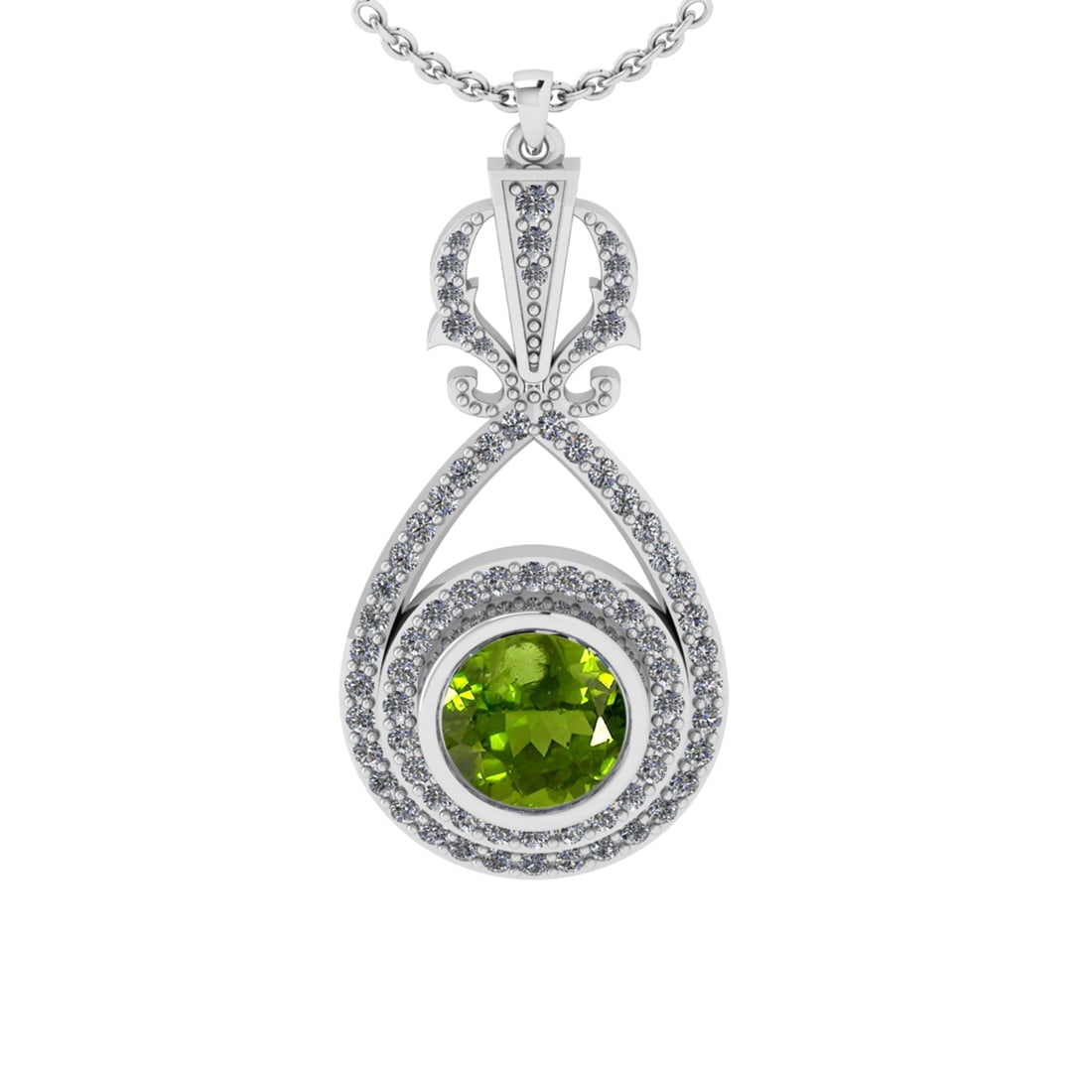 1.85 Ctw VS/SI1 Peridot and Diamond 10K white Gold Pendant (ALL DIAMOND ARE: Center Stone Weight :-1.30 Ctw ( Round Cut) Center Stone Color :-Peridot Center Stone Setting : Prong Side Diamond Weight Of Ctw 0.55 Ctw Color : J-K Clarity : VS/SI1 Stone Setting : Prong Metal Weigh