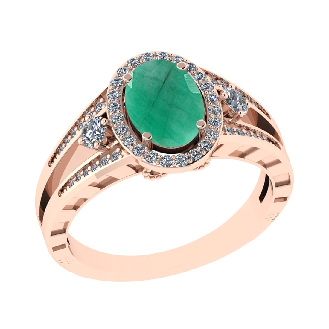 1.61 Ctw VS/SI1 Emerald and Diamond 14k Rose Gold Engagement Halo Ring (LAB: Center Stone Weight :- 1.25 Ctw ( Oval Cut) Color :- Emerald Center Stone Setting : Prong Side Diamond Weight Of Ctw 0.36 Ctw Color : G-H Clarity : VS/SI1 Stone Setting : Prong Metal Weight : Approx 4