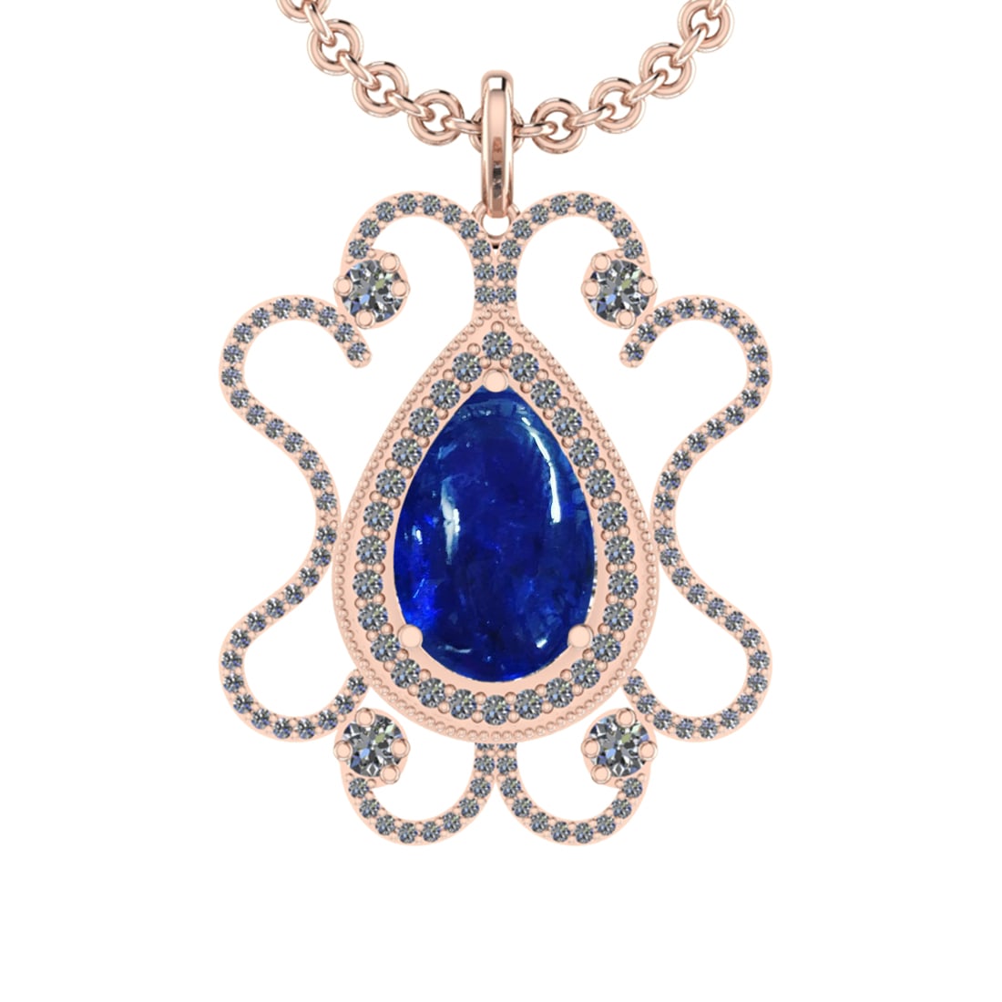 16.10 Ctw VS/SI1 Tanzanite and Diamond 14K Rose Gold Pendant: Center Stone Weight : 13.36 Ctw ( Pear Cut) Center Stone Color :-Tanzanite Setting : Prong Side Weight Of Ctw 2.34 Ctw Color : J-K Clarity :VS/SI1 Stone Setting : Prong Metal Weight : Approx 12.90 gra