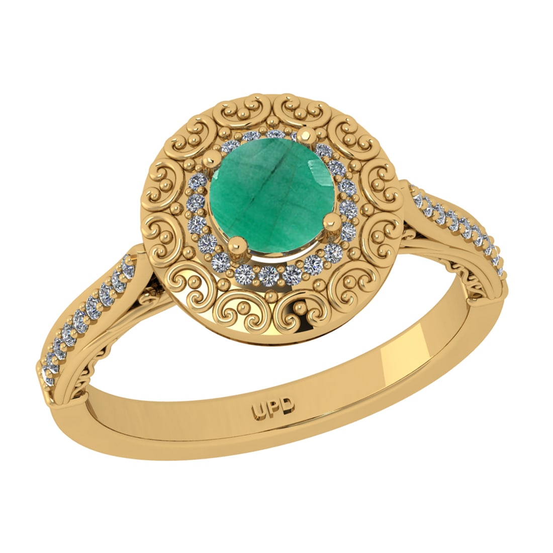 1.10 Ctw VS/SI1 Emerald and Diamond 14k Yellow Gold Engagement Ring: Center Stone Weight :-0.84 Ctw ( Round Cut) Center Stone Color :-Emerald Center Stone Setting : Prong Side Diamond Weight Of Ctw :- 0.26 Ctw Color : J-K Clarity : VS/SI1 Daimond Setting : Prong Metal