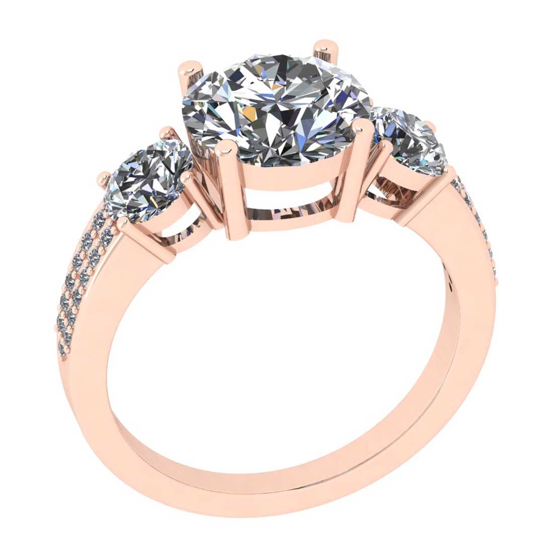 4.15 Ctw SI2/I1 Diamond Style Prong Set 18K Rose Gold three stone Ring: Center Diamond Weight : 3.00 Ctw ( Round Cut) Center Diamond Color : G-H Center Stone Setting : Prong Center Stone Clarity : SI2/I1 Side Stone Weight Of Ctw 1.15 Ctw Side Stone Color : G-H Stone Clari