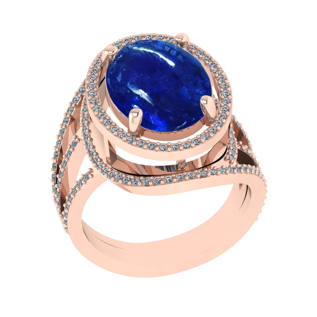 8.04 Ctw SI1/SI2 Tanzanite and Diamond 14k Rose Gold Engagement Ring ( (ALL: Center Stone Weight :-7.30 Ctw ( Oval Cab) Center Stone Color :-Tanzanite Center Stone Setting : Prong Side Diamond Weight Of Ctw 0.74 Ctw Color : J-K Clarity : SI1/SI2 Stone Setting : Prong Metal Wei