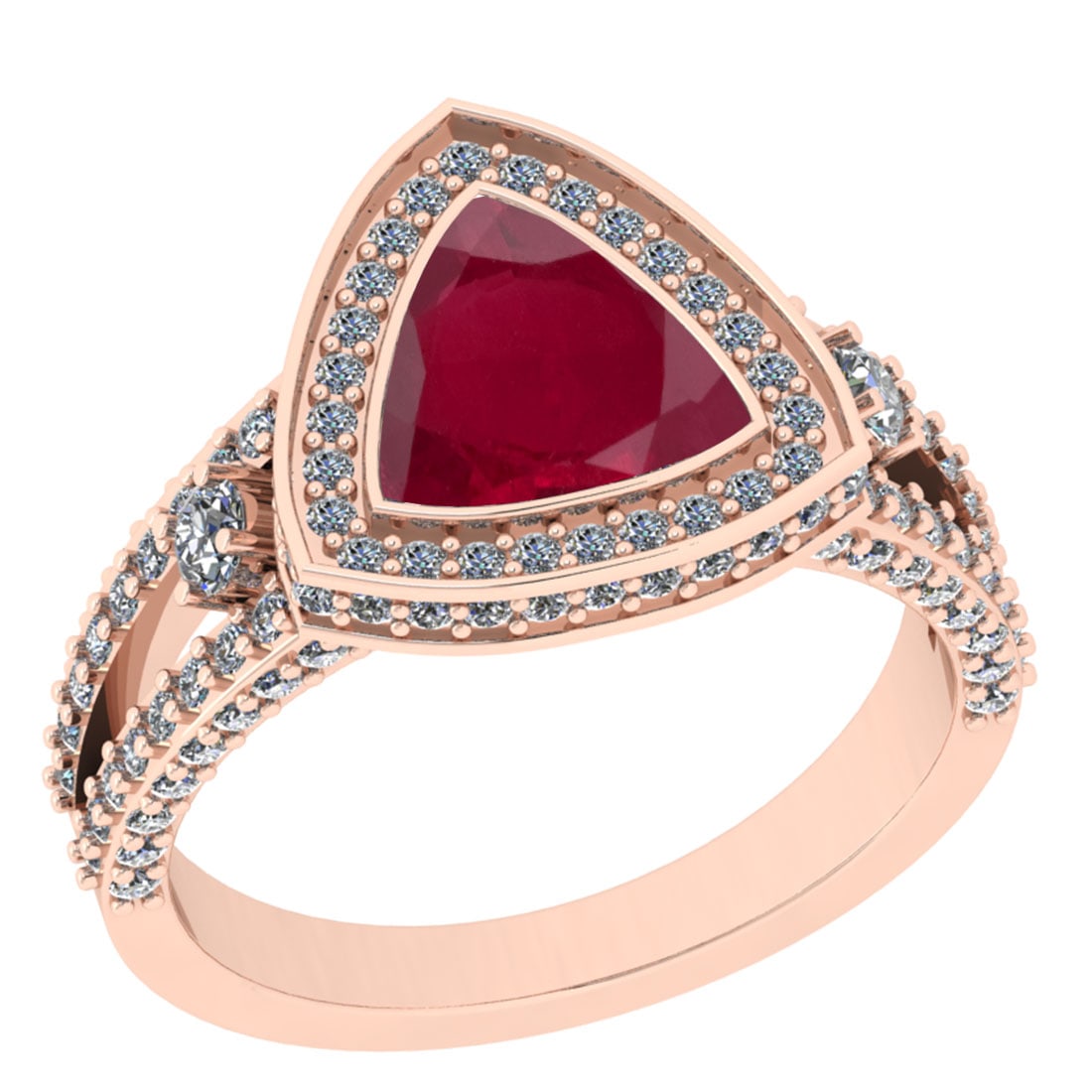 2.99 Ctw VS/SI1 Ruby And Diamond 14K Rose Gold Cocktail Ring: Center Stone Weight : 2.00 Ctw (Trillion Cut) Center Stone Color : Ruby Stone Setting : Prong Side Stone Weight Of Ctw 0.99 Ctw Side Stone Color : J-K Stone Clarity : VS/SI1 Stone Setting : Prong Meta