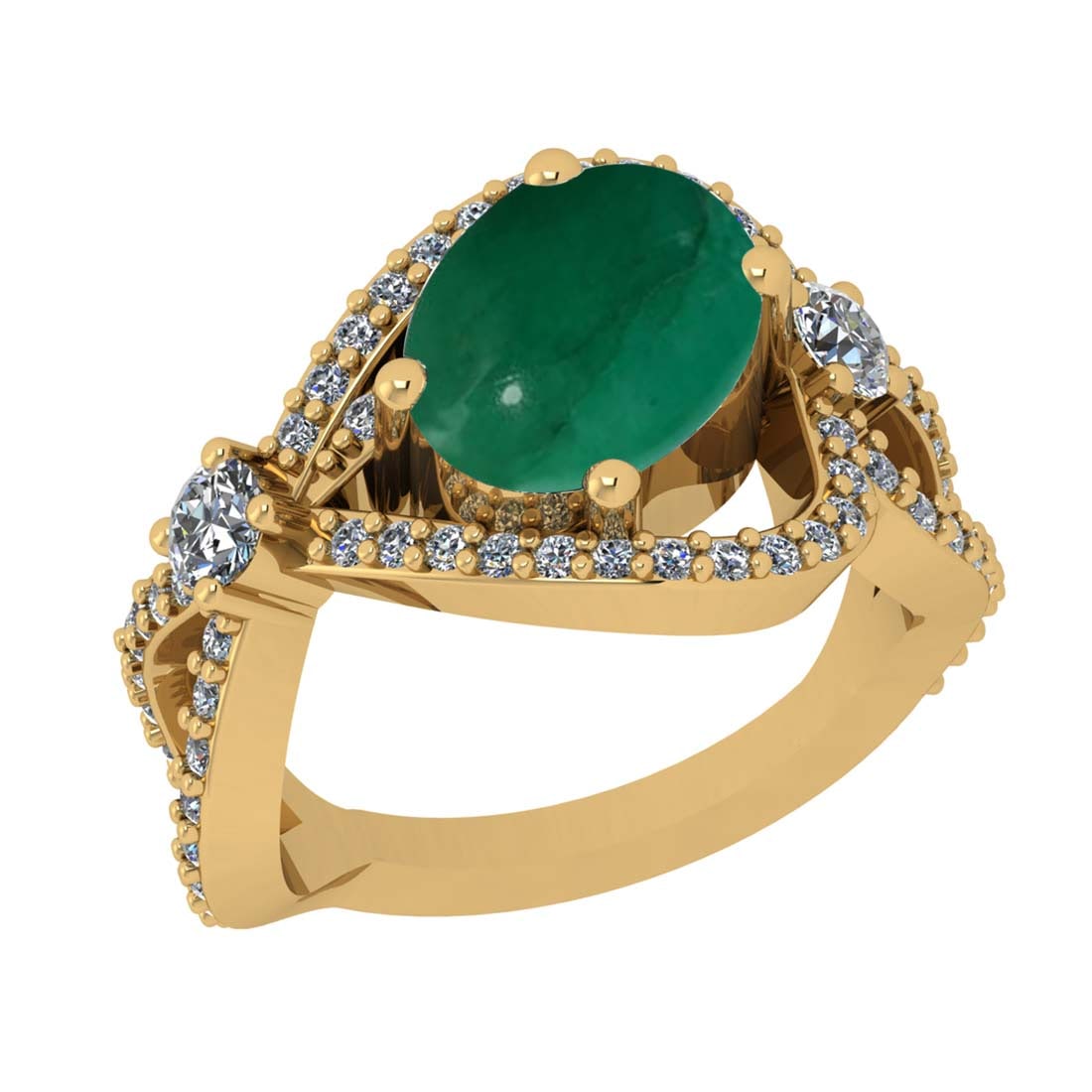 3.55 Ctw VS/SI1 Emerald and Diamond Prong Set 14k Yellow Gold Engagement Ri: Center Stone Weight :-2.62 Ctw ( Oval Cab ) Center Stone Color :-Emerald Center Stone Setting : Prong Side Diamond Weight Of Ctw :- 0.93 Ctw Color : J-K Clarity : VS/SI1 Daimond Setting : Prong Metal