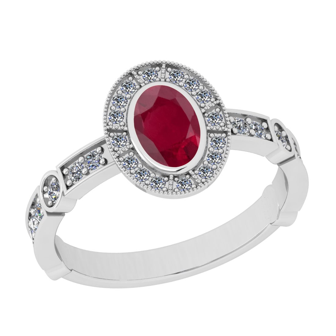 1.07 Ctw VS/SI1 Ruby And Diamond 14K White Gold Wedding Ring: Center Stone Weight : 0.75 Ctw (Oval Cut) Center Stone Color : Ruby Stone Setting : Prong Side Stone Weight Of Ctw 0.32 Ctw Side Stone Color : J-K Stone Clarity : VS/SI1 Stone Setting : Prong Metal We