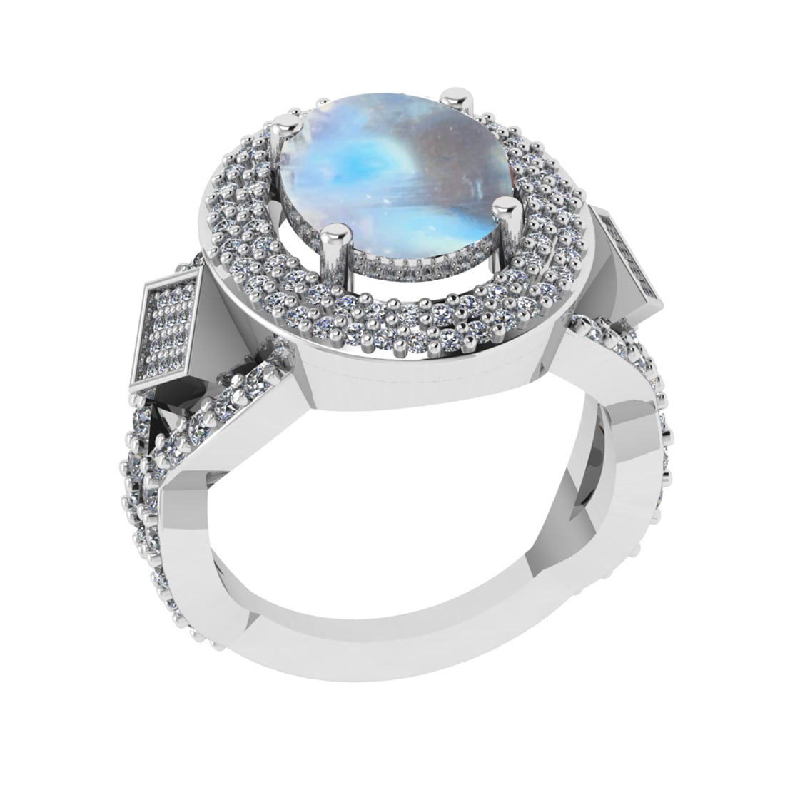 6.37 Ctw I2/I3 Rainbow Moonstone And Diamond 10K White Gold Engagement Ring: Center Stone Weight : 5.35 Ctw ( Oval Cab ) Center Stone Color : Rainbow Moonstone Stone Setting : Prong Side Diamond Weight Of Ctw 1.02 Ctw Side Stone Color : J-K Stone Clarity : I2/I3 Stone Setting
