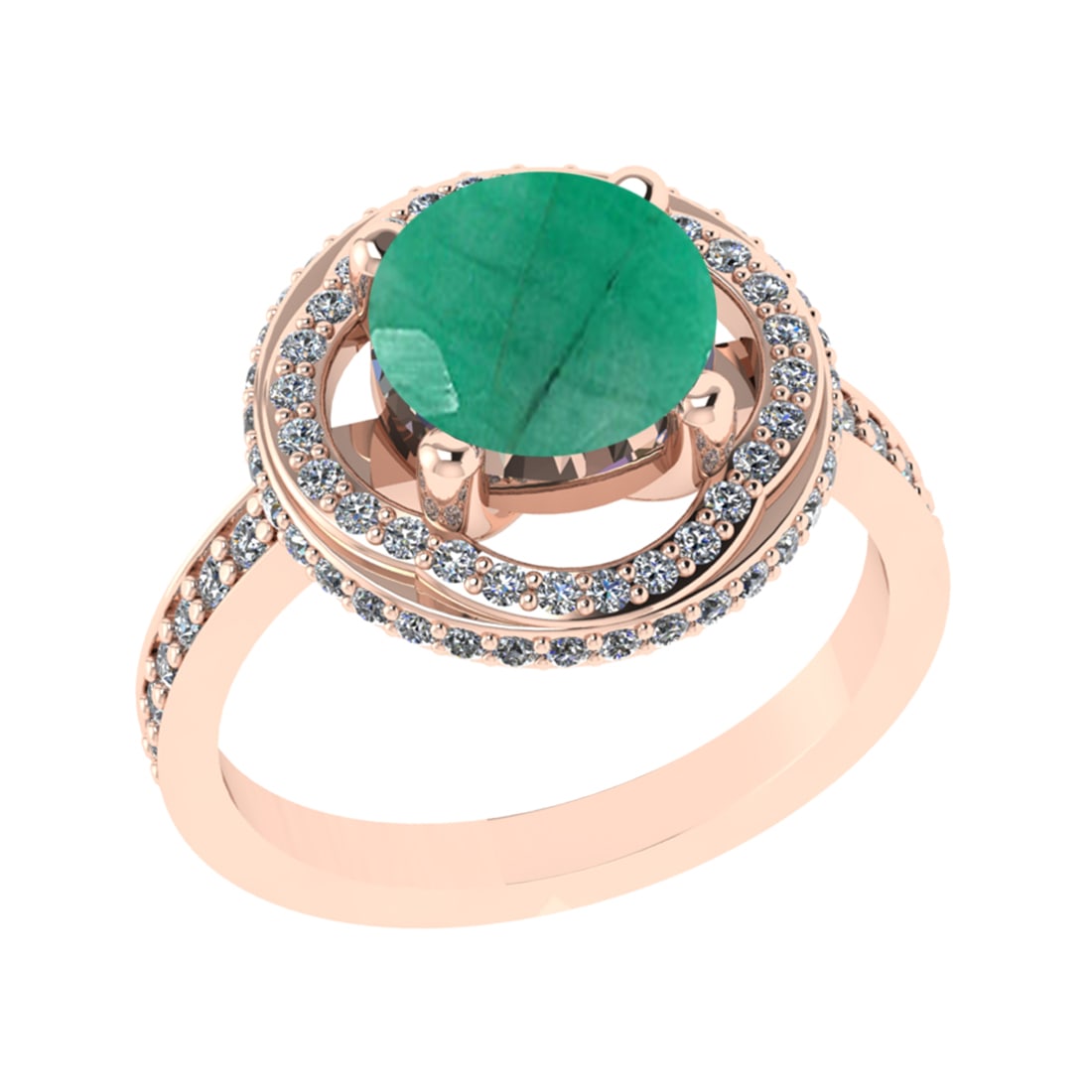 3.12 Ctw VS/SI1 Emerald and Diamond 14k Rose Gold Engagement Ring: Center Stone Weight :-2.00 Ctw ( Round Cut) Center Stone Color :-Emerald Center Stone Setting : Prong Side Diamond Weight Of Ctw :- 1.12 Ctw Color : J-K Clarity : VS/SI1 Daimond Setting : Prong Metal