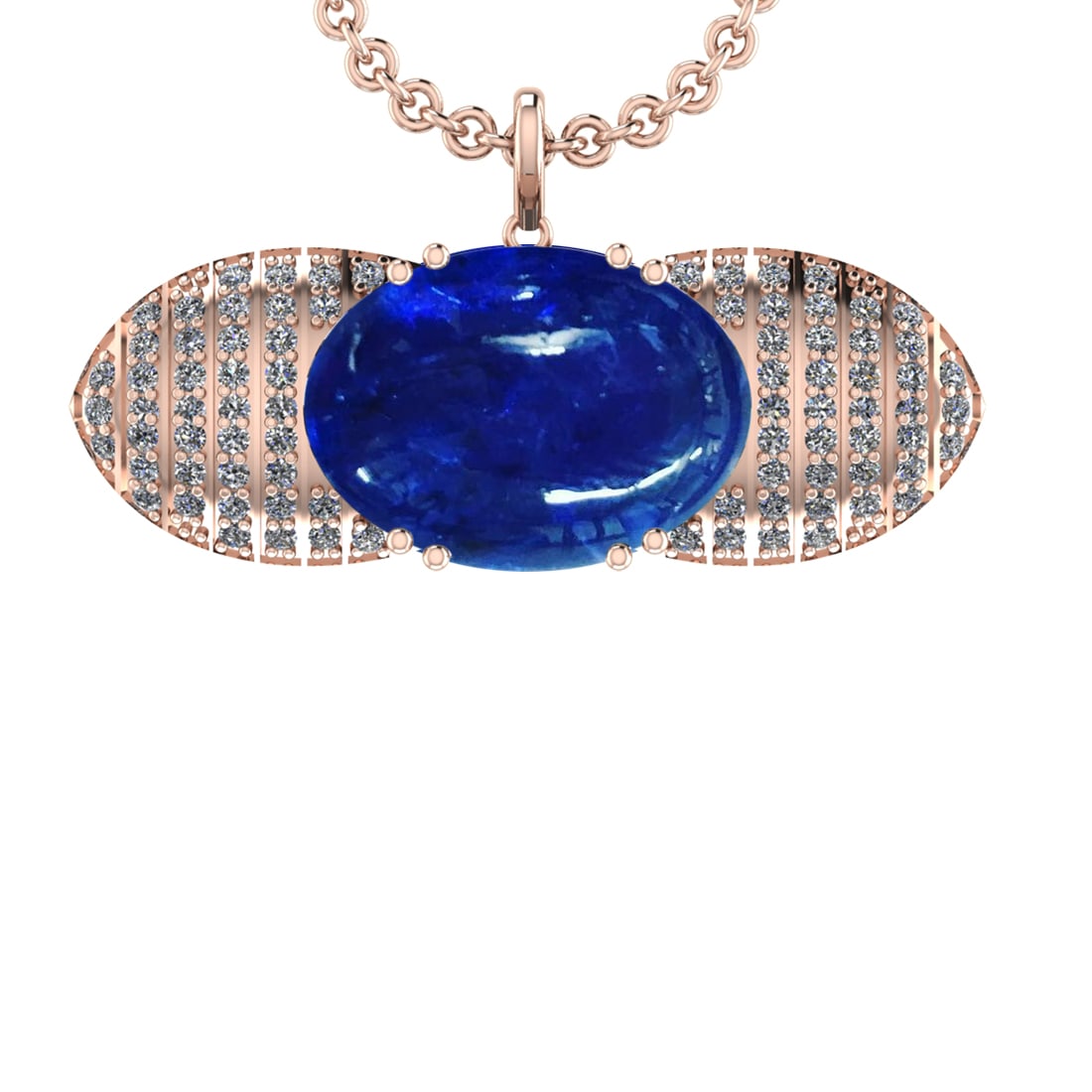31.58 Ctw VS/SI1 Tanzanite and Diamond 14K Rose Gold Pendant: Center Stone Weight : 28.71 Ctw ( Oval Cab) Center Stone Color :-Tanzanite Setting : Prong Side Weight Of Ctw 2.87 Ctw Color : J-K Clarity :VS/SI1 Stone Setting : Prong Metal Weight : Approx 17.60