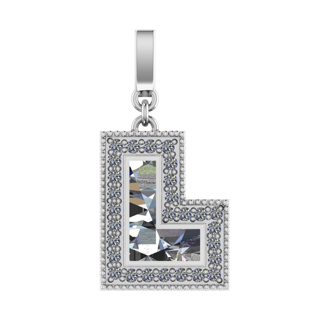 0.71 Ctw SI2/SI1 Diamond Prong Set 14k White Gold Alphaabet-L Pendant (ALL: Center Daimond Weight :-0.50 Ctw Color : White Side Diamond Weight Of Ctw 0.21 Ctw Color : G-H Clarity : SI2/SI1 Daimond Setting : Prong Metal Weight : Approx 3.86 gram 14k White Gold Alphaabet-L