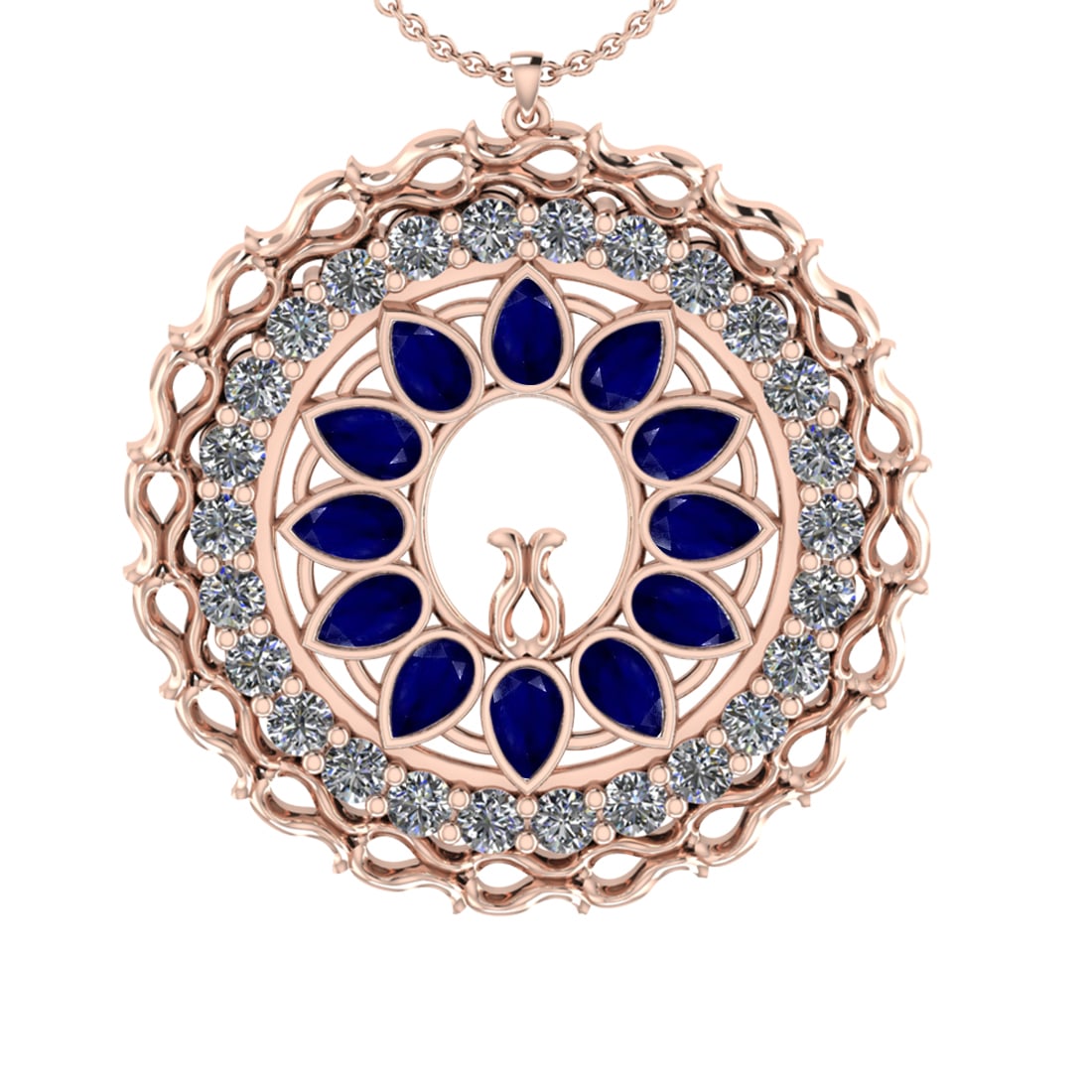 5.86 Ctw VS/SI1 Blue Sapphire and Diamond 14k Rose Gold Pandant (ALL DIAMON: Center Stone Weight :-3.00 Ctw ( Pear Cut) Center Stone Color :-Blue Sapphire Center Stone Setting : Prong Side Diamond Weight Of Ctw :- 2.86 Ctw Color : J-K Clarity : VS/SI1 Daimond Setting : Prong M