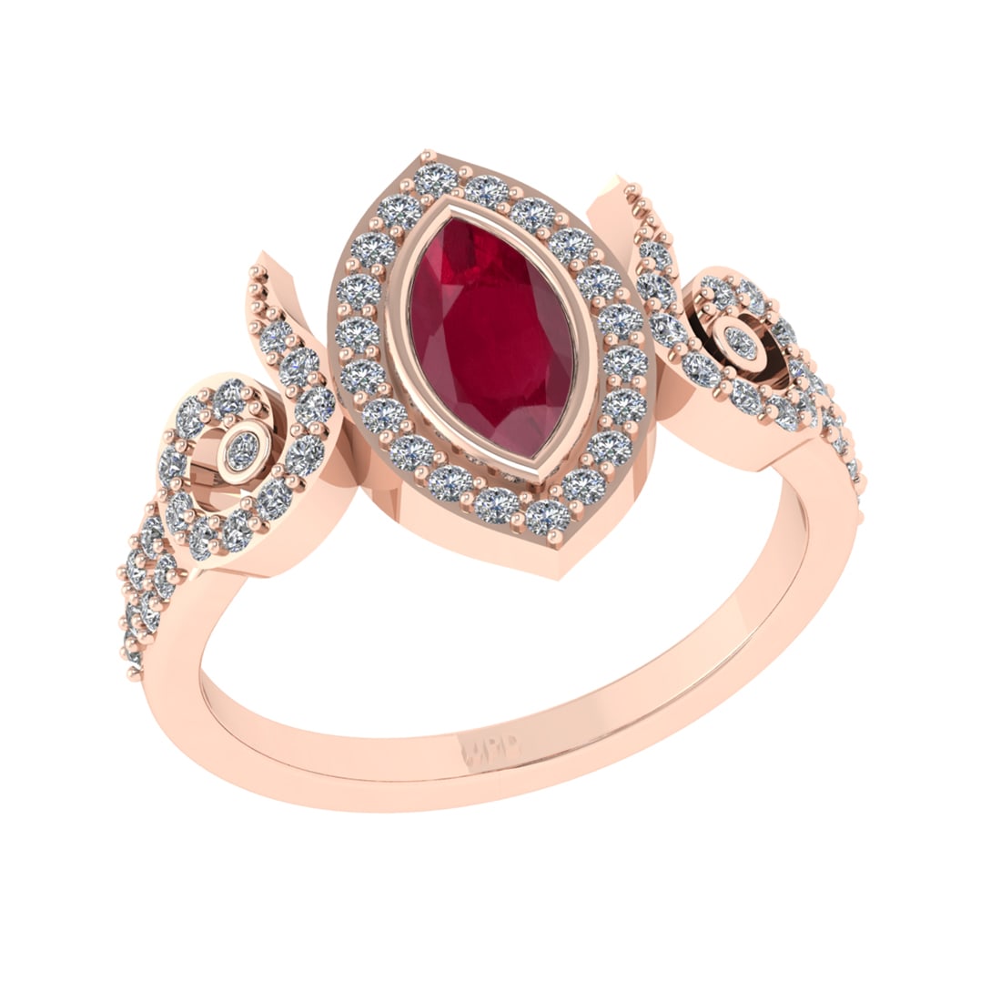 0.93 Ctw VS/SI1 Ruby and Diamond14K Rose Gold Engagement Ring: Center Stone Weight : 0.50 Ctw (Marquise Cut) Center Stone Color :-Ruby Center Stone Setting : Prong Side Diamond Weight Of Ctw 0.43 Ctw Color : J-K Clarity : VS/SI1 Stone Setting : Prong Metal Weight