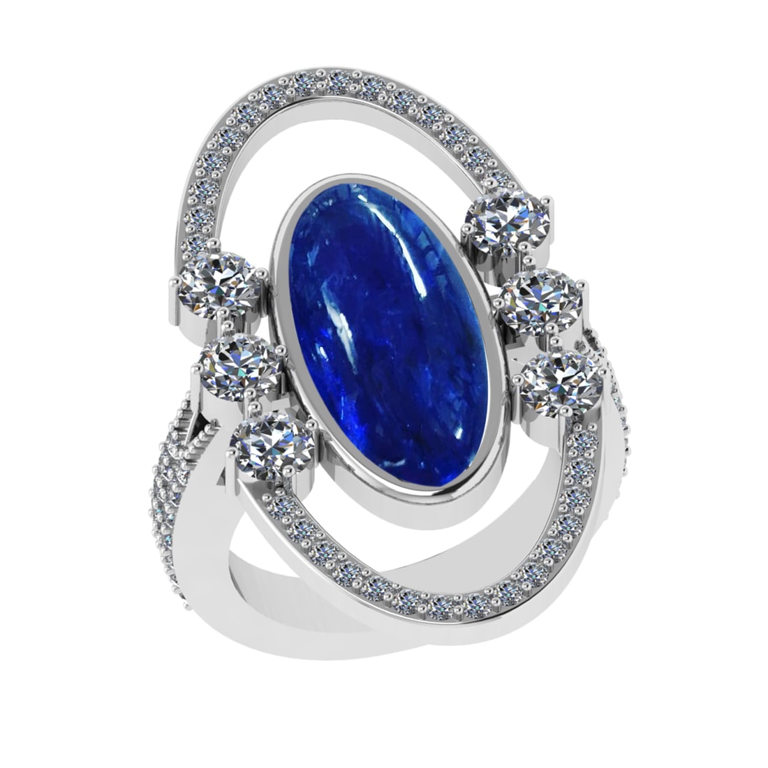 22.04 Ctw VS/SI1 Tanzanite and Diamond Prong Set 14K White Gold Engagement: Color Stone Weight : 19.73 Ctw (Oval Cab) Stone Color :- Tanzanite Center Stone Setting : Prong Side Weight Of Ctw 2.31 Ctw Color : J-K Clarity : VS/SI1 Stone Setting : Prong Metal Weight : Approx 12.