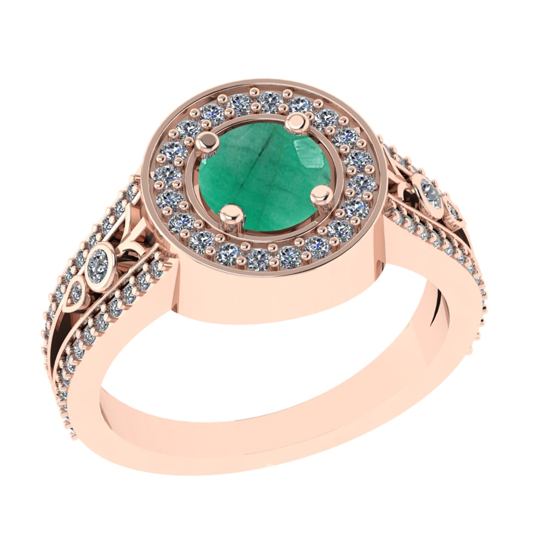 1.36 Ctw VS/SI1 Emerald and Diamond 14k Rose Gold Engagement Ring: Center Stone Weight :-0.84 Ctw ( Round Cut) Center Stone Color :-Emerald Center Stone Setting : Prong Side Diamond Weight Of Ctw :- 0.52 Ctw Color : J-K Clarity : VS/SI1 Daimond Setting : Prong Metal