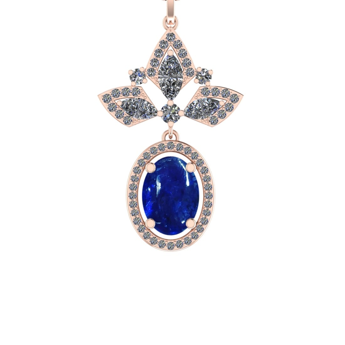 27.99 Ctw SI1/SI2 Tanzanite and Diamond 14k Rose Gold Pandant (ALL DIAMOND: Center Stone Weight :-21.41 Ctw ( Oval Cab) Center Stone Color :-Tanzanite Center Stone Setting : Prong Side Diamond Weight Of Ctw 6.58 Ctw Color : J-K Clarity : SI1/SI2 Stone Setting : Prong Metal We