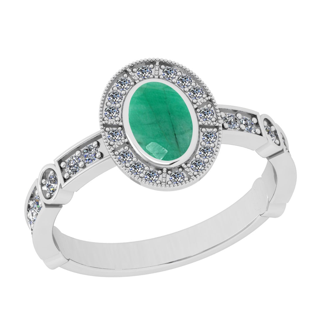 1.07 Ctw VS/SI1 Emerald And Diamond 14K White Gold Wedding Ring: Center Stone Weight : 0.75 Ctw (Oval Cut) Center Stone Color : Emerald Stone Setting : Prong Side Stone Weight Of Ctw 0.32 Ctw Side Stone Color : J-K Stone Clarity : VS/SI1 Stone Setting : Prong Metal