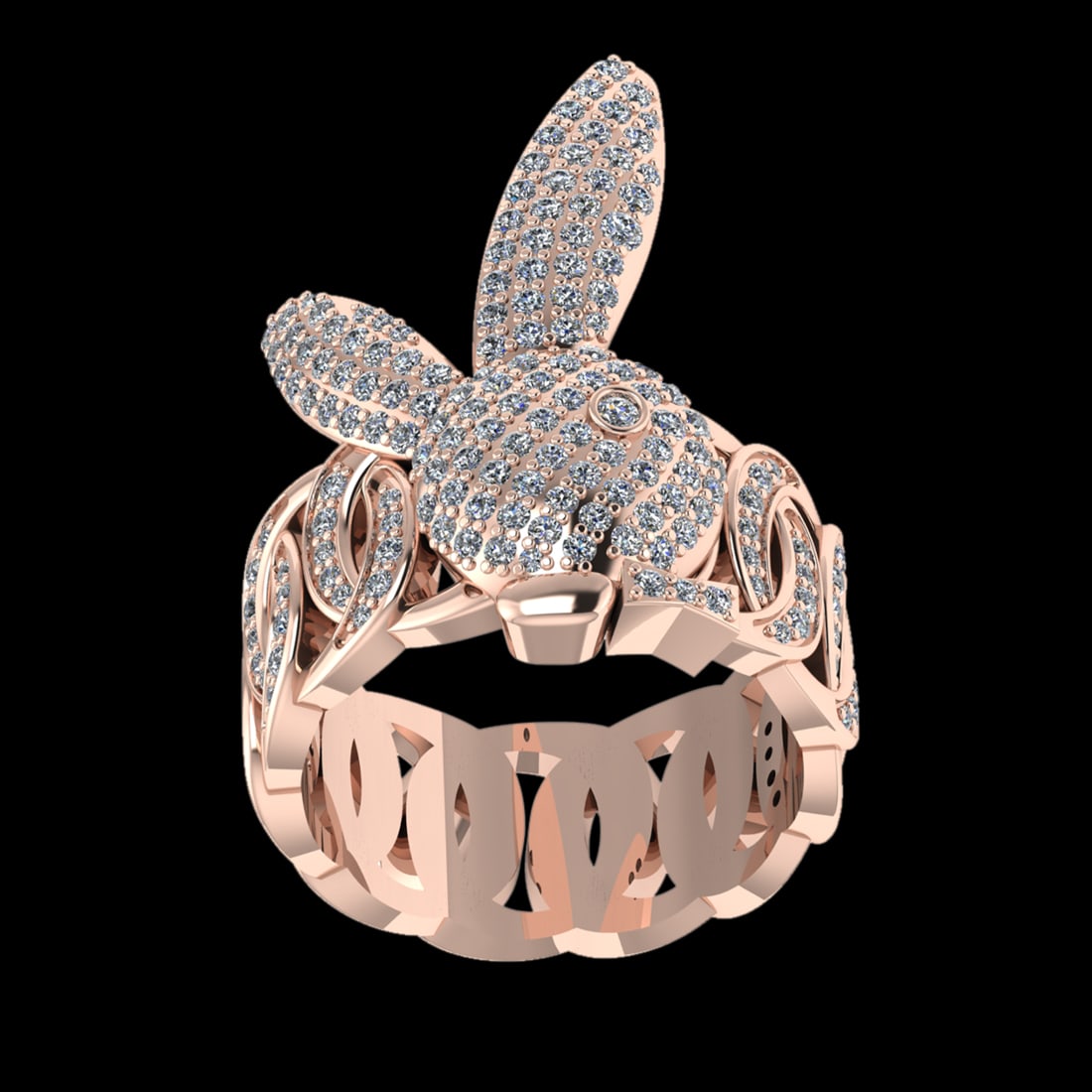 1.40 Ctw VS/SI1 Diamond 10k Rose Gold rabbit theme Ring (ALL DIAMOND ARE LA: Total Diamond Weight :-1.40 Ctw (Round cut) Color :- J-K Clarity : VS/SI1 Setting : Prong Metal Weight : Approx 15.90gram 10k Rose Gold rabbit theme Ring Current Ring Size-7(ALL DIAMOND ARE LAB GROWN)