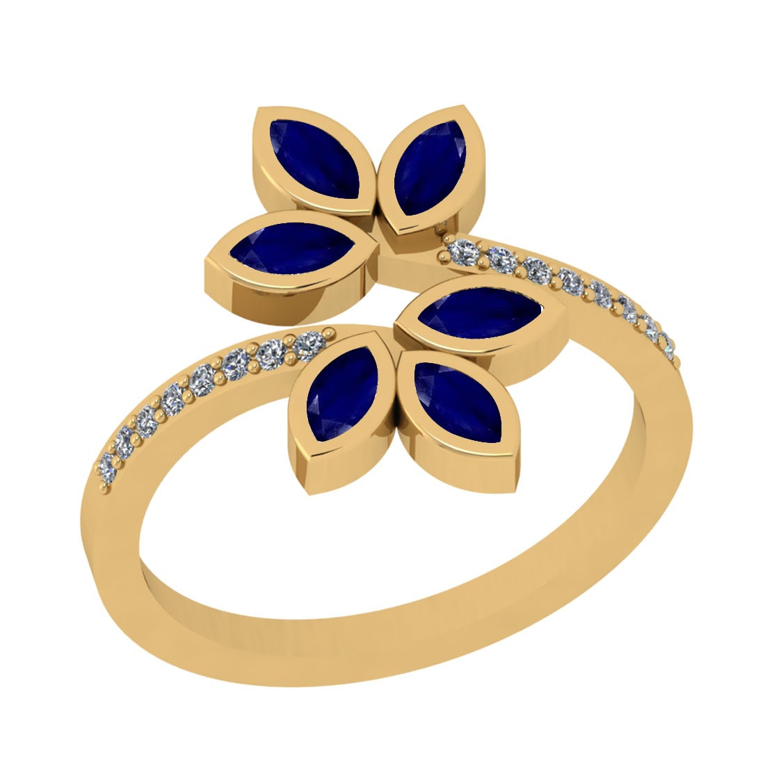 0.72 Ctw VS/SI1 Blue Sapphire And Diamond 14K Yellow Gold Bypass Ring: Center Stone Weight : 0.60 Ctw (Marquise Cut) Center Stone Color : Blue Sapphire Stone Setting : Prong Side Stone Weight Of Ctw 0.12 Ctw Side Stone Color : J-K Stone Clarity : VS/SI1 Stone Setting : P