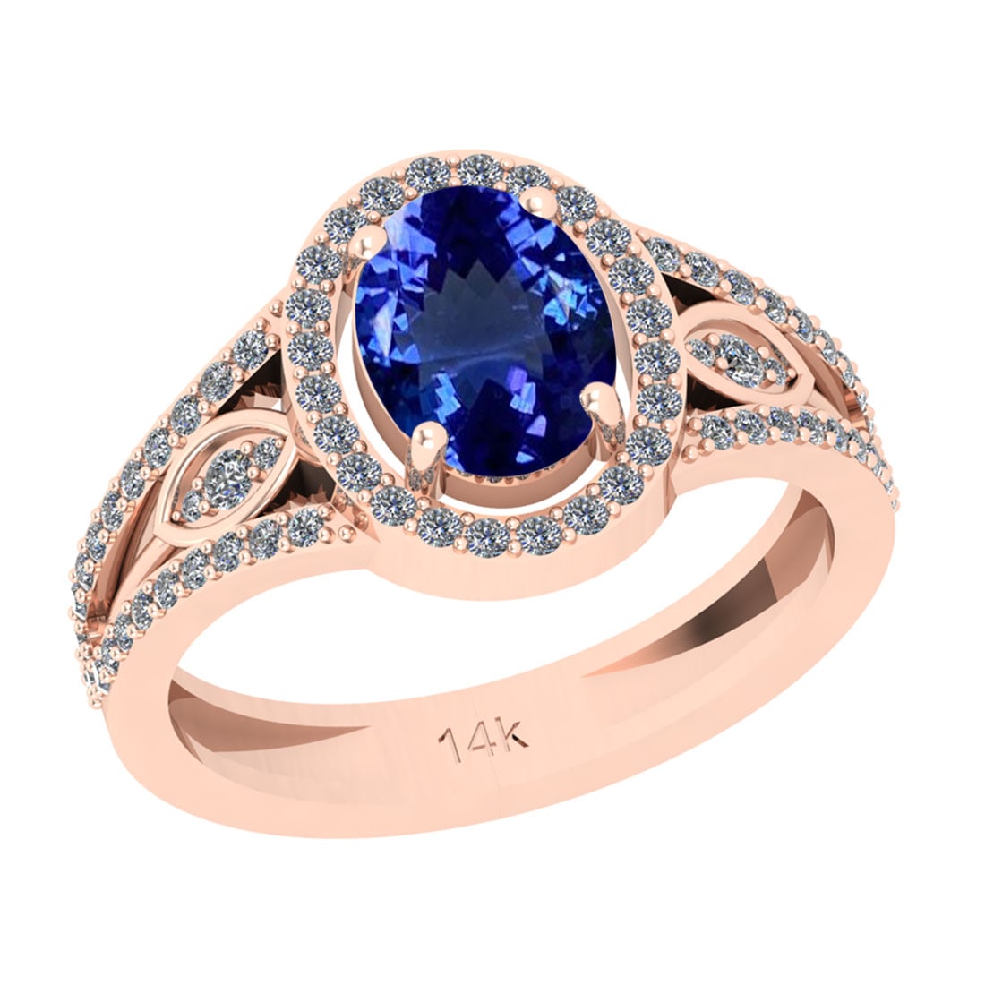 1.90 Ctw VS/SI1 Tanzanite And Diamond 18k Rose Gold Cocktail Ring: Center Stone Weight : 1.50 Ctw (Oval Cut ) Center Stone Color : Tanzanite Stone Setting : Prong Side Stone Weight Of Ctw 0.40 Ctw Side Stone Color : J-K Stone Clarity : VS/SI1 Stone Setting : Prong Me