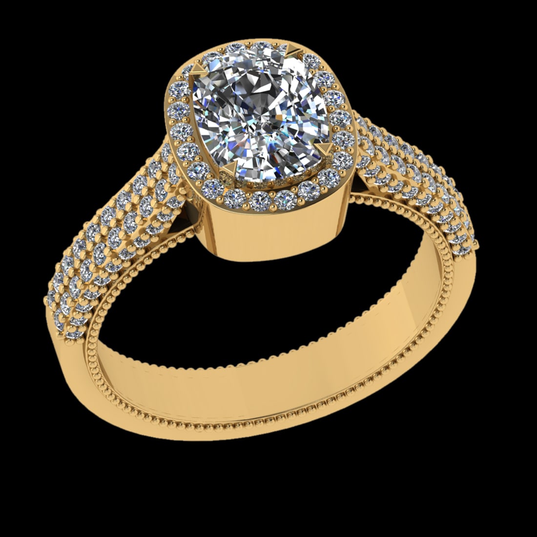 1.88 Ctw VS/SI1 Diamond 14 K Yellow Gold Engagement Ring (ALL DIAMOND ARE L: Center Diamond Weight : 1.25 Ctw (Cushion Cut) Center Diamond Color :-G-H Center Stone Setting : Prong Clarity : VS/SI1 Total Weight Of Ctw 0.63 Ctw Color : G-H Clarity : VS/SI1 Stone Setting : Prong