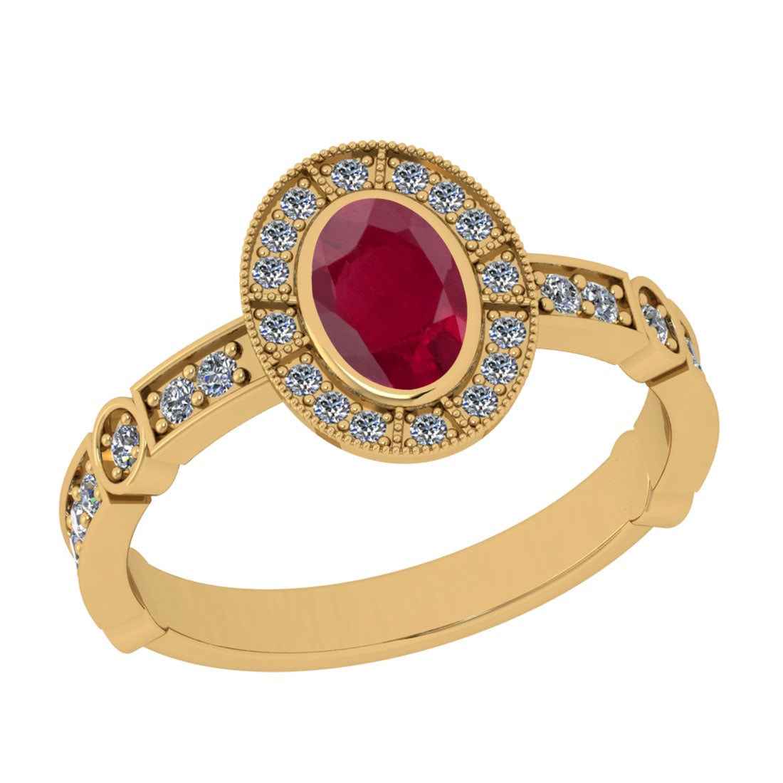 1.07 Ctw VS/SI1 Ruby And Diamond 14K Yellow Gold Wedding Ring: Center Stone Weight : 0.75 Ctw (Oval Cut) Center Stone Color : Ruby Stone Setting : Prong Side Stone Weight Of Ctw 0.32 Ctw Side Stone Color : J-K Stone Clarity : VS/SI1 Stone Setting : Prong Metal We