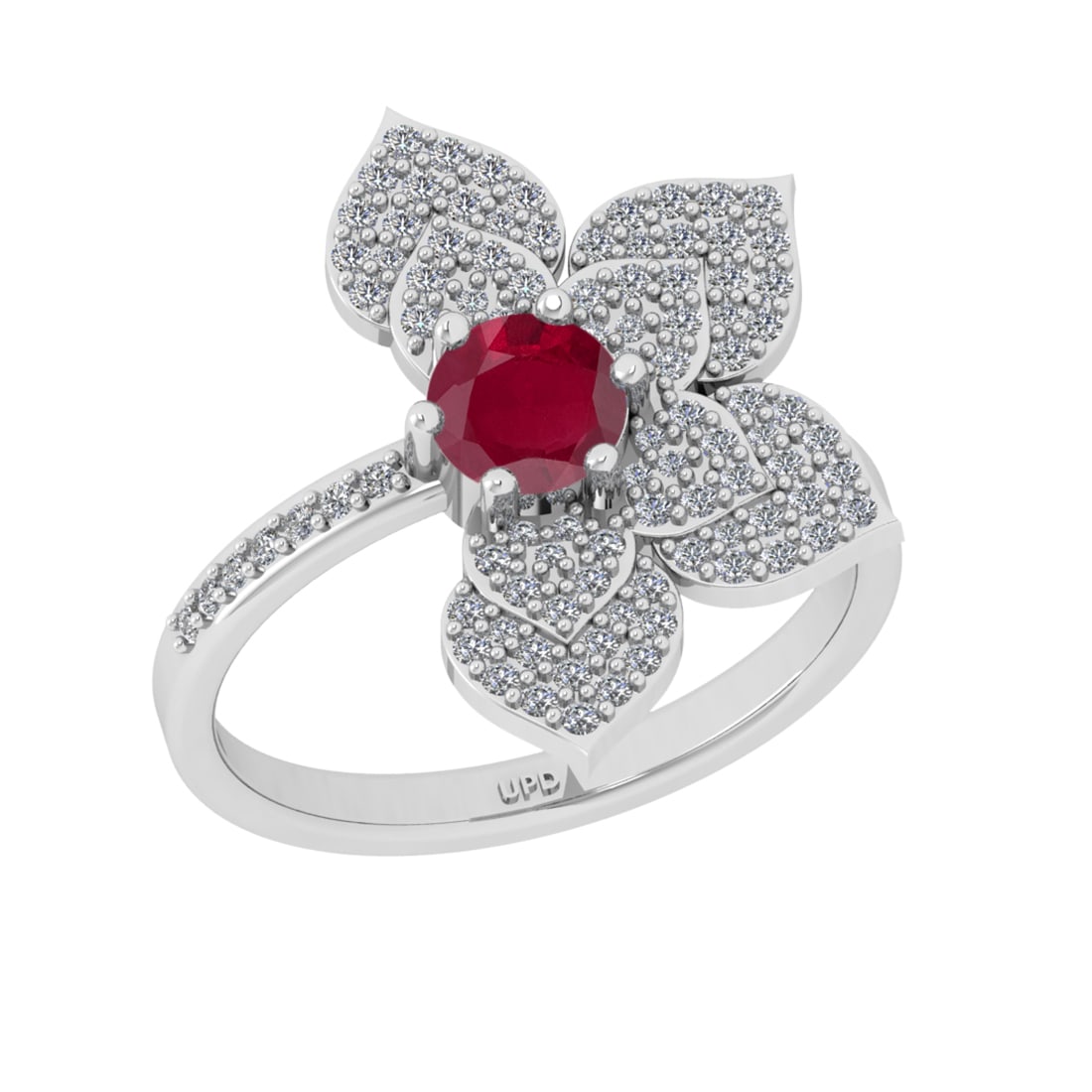 0.92 Ctw VS/SI1 Ruby and Diamond Prong Set 14K White Gold Engagement Ring: Center stone Weight :-: 0.50 Ctw ( Round Cut) Color :- Ruby Center Stone Setting : Prong Side Diamond Weight Of Ctw 0.42 Ctw Color : J-K Clarity : VS/SI1 Stone Setting : Prong Metal Weight : Approx 4.