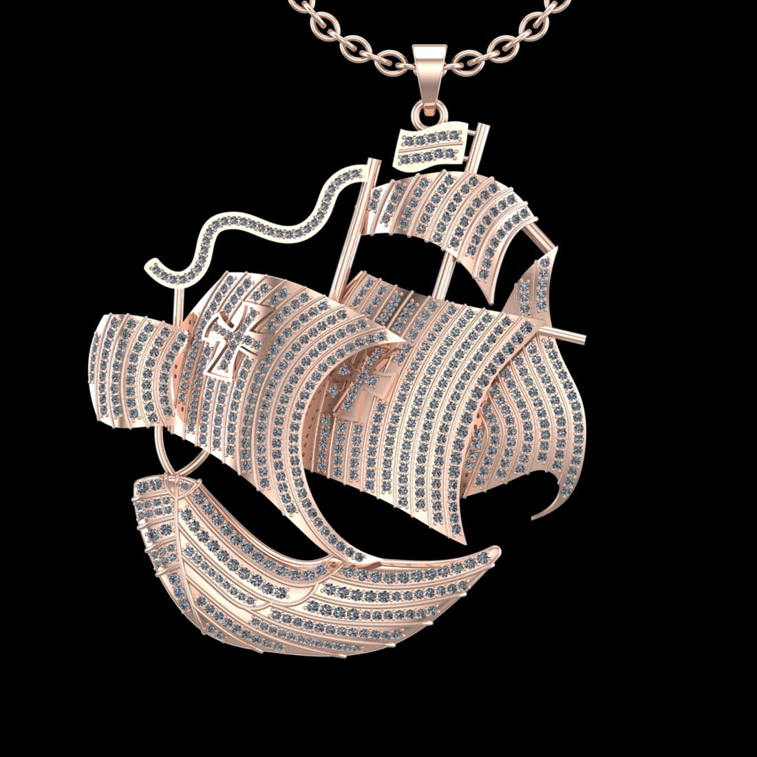 5.14 Ctw VS/SI1 Diamond Prong Set 18K Rose Gold Ship Necklace (ALL DIAMOND: Total Diamond Weight : 5.14 Ctw (Round cut) Center Diamond Color :- G-H Center Clarity : VS/SI1 Stone Setting : Prong Metal Weight : Approx 36.50 Gram 18K Rose Gold Ship Necklace (ALL DIAMOND ARE LAB