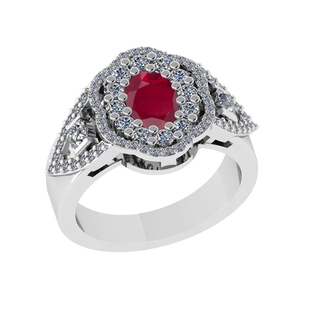 1.73 Ctw VS/SI1 Ruby and Diamond14K White Gold Engagement Ring: Center Stone Weight : 0.75 Ctw (Oval Cut) Center Stone Color :-Ruby Center Stone Setting : Prong Side Diamond Weight Of Ctw 0.98 Ctw Color : J-K Clarity : VS/SI1 Stone Setting : Prong Metal Weight : A