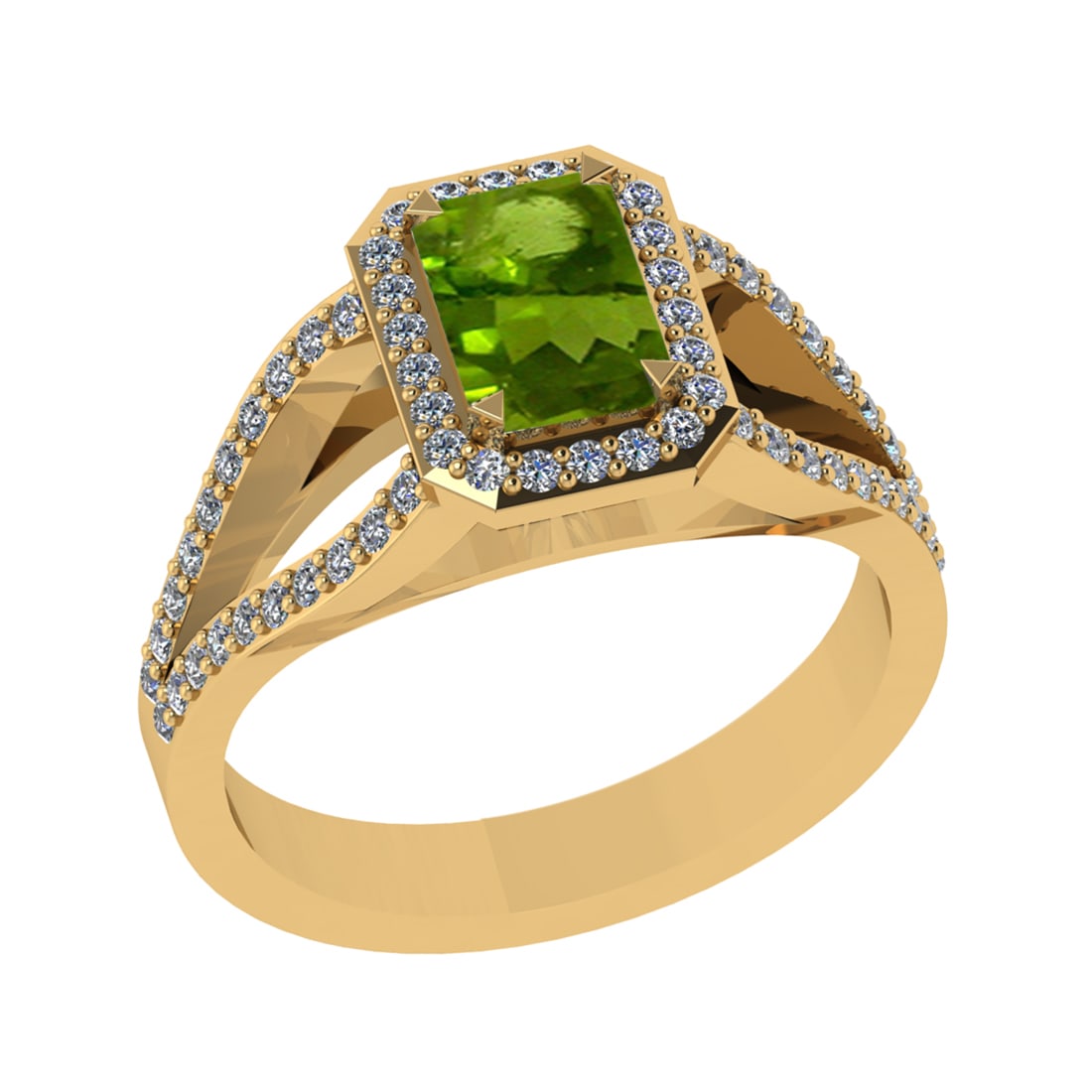 1.43 Ctw VS/SI1 Peridot and Diamond Set 10K Yellow Gold Engagement Ring (AL: Center Stone Weight :-1.00 Ctw ( Emerald Cut) Center Stone Color :-Peridot Center Stone Setting : Prong Side Diamond Weight Of Ctw 0.43 Ctw Color : J-K Clarity : VS/SI1 Daimond Setting : Prong Metal W