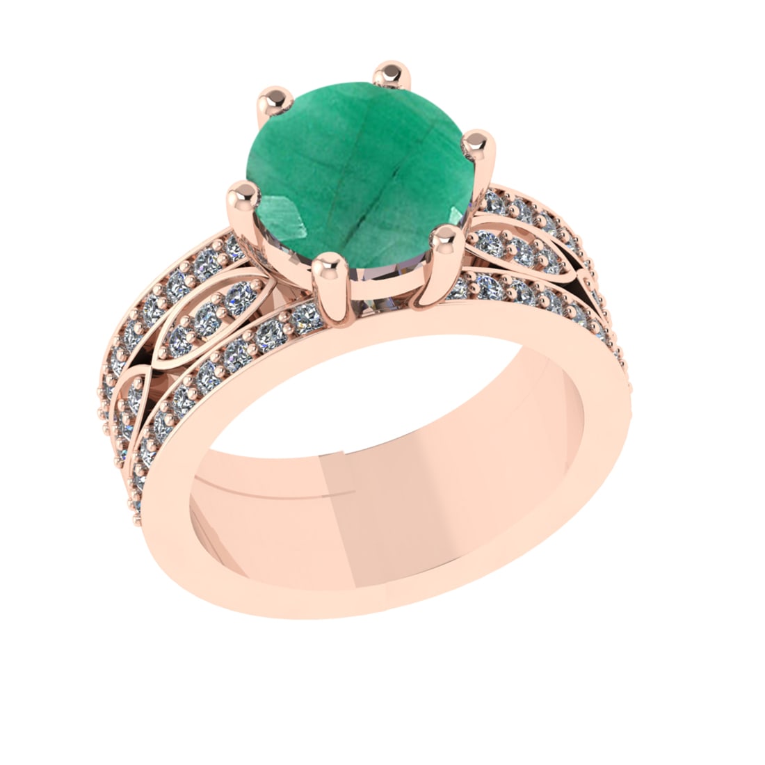 3.47 Ctw VS/SI1 Emerald and Diamond 14k Rose Gold Engagement Ring (ALL DIAM: Center Stone Weight :-2.75 Ctw ( Round Cut) Center Stone Color :-Emerald Center Stone Setting : Prong Side Diamond Weight Of Ctw 0.72 Ctw Color : G-H Clarity : VS/SI1 Daimond Setting : Prong Metal Wei