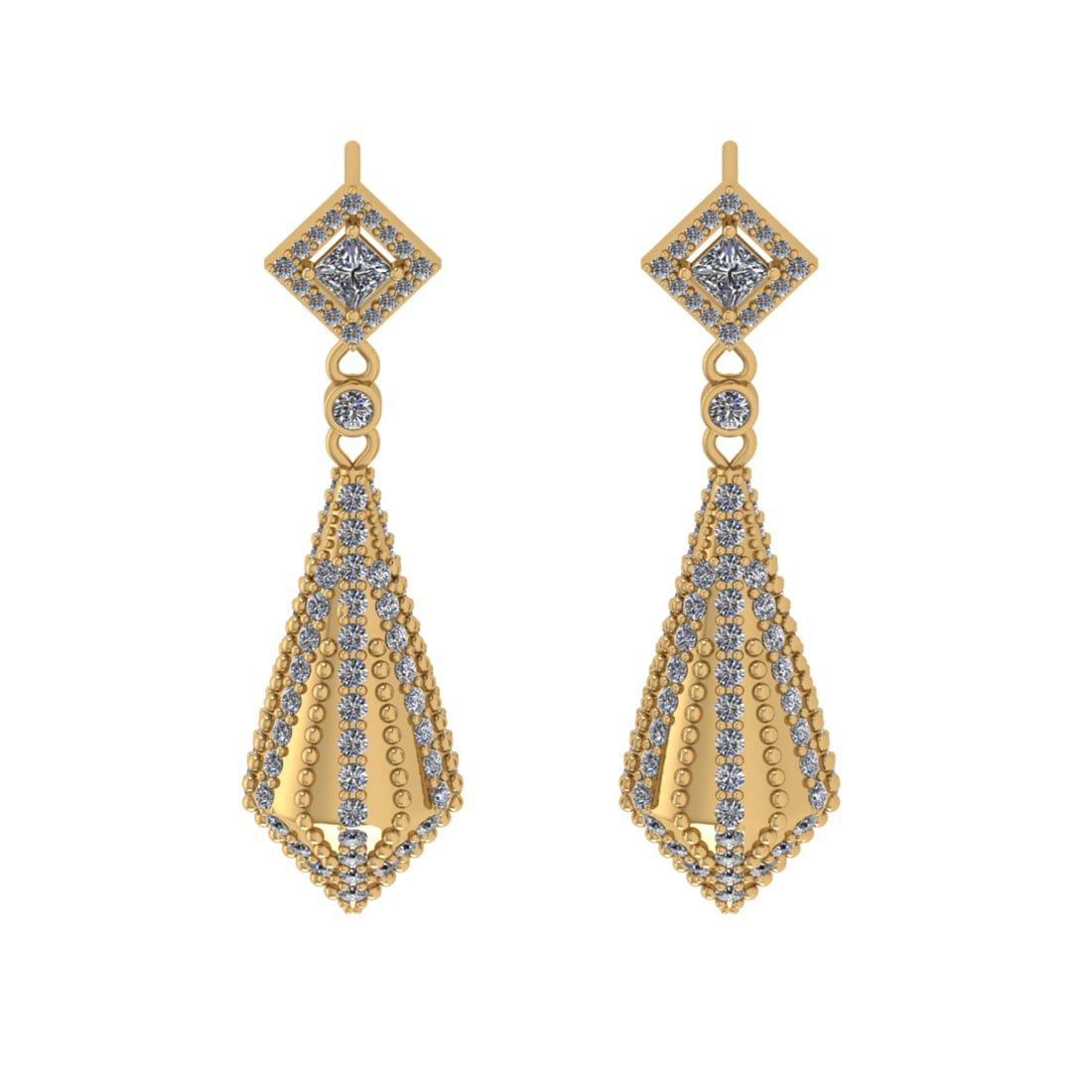 2.11 Ctw VS/SI1 Diamond 14k Yellow Gold Dangle Earrings (ALL DIAMOND ARE LA: Center Daimond Weight :-0.36 Ctw ( Princess Cut) Color : G-H Clarity : VS/SI1 Side Diamond Weight Of Ctw 1.75 Ctw Color : G-H Clarity : VS/SI1 Daimond Setting : Prong Metal Weight : Approx 6.46 gram 1