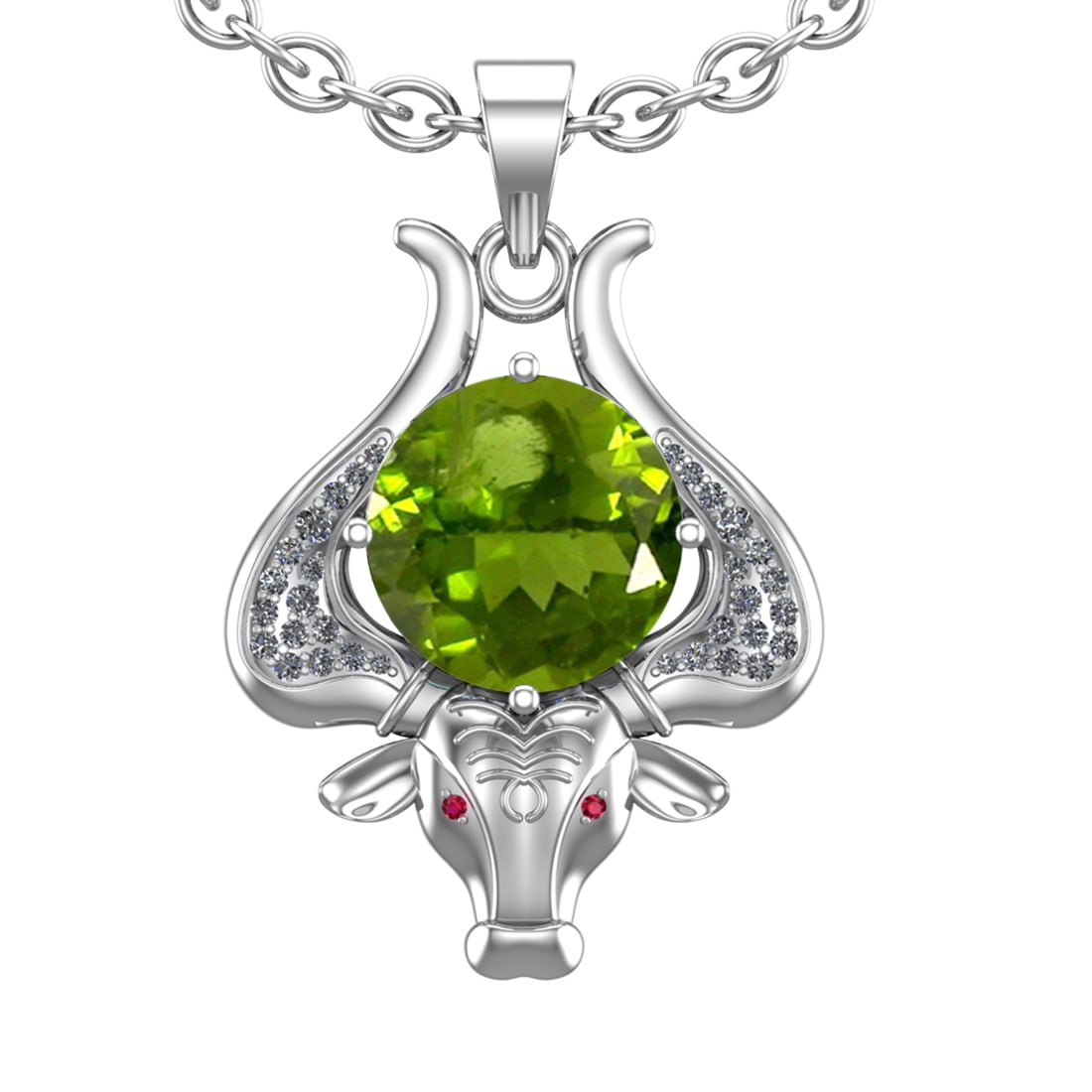 2.89 Ctw VS/SI1 Peridot and Diamond Set 10K white Gold Creature Theme Penda: Eye Stone Weight :- 0.05 ctw Eye Stone Color :- ( Ruby) Center Stone Weight :-2.50 Ctw ( Round Cut) Center Stone Color :-Peridot Center Stone Setting : Prong Side Diamond Weight Of Ctw 0.34 Ctw Color